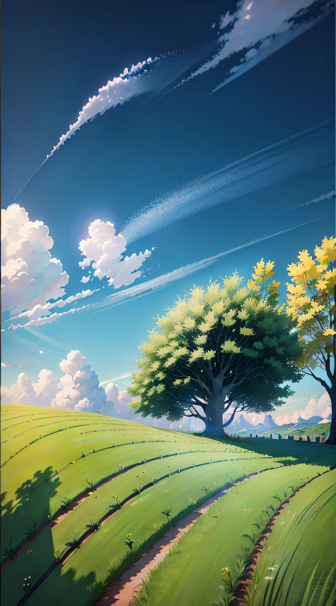 ((4k,masterpiece,best quality)), shuimobysim, vivid, blue sky, meadow, maxiskit, windy noperson, solo, windswept leaves, sunlight,