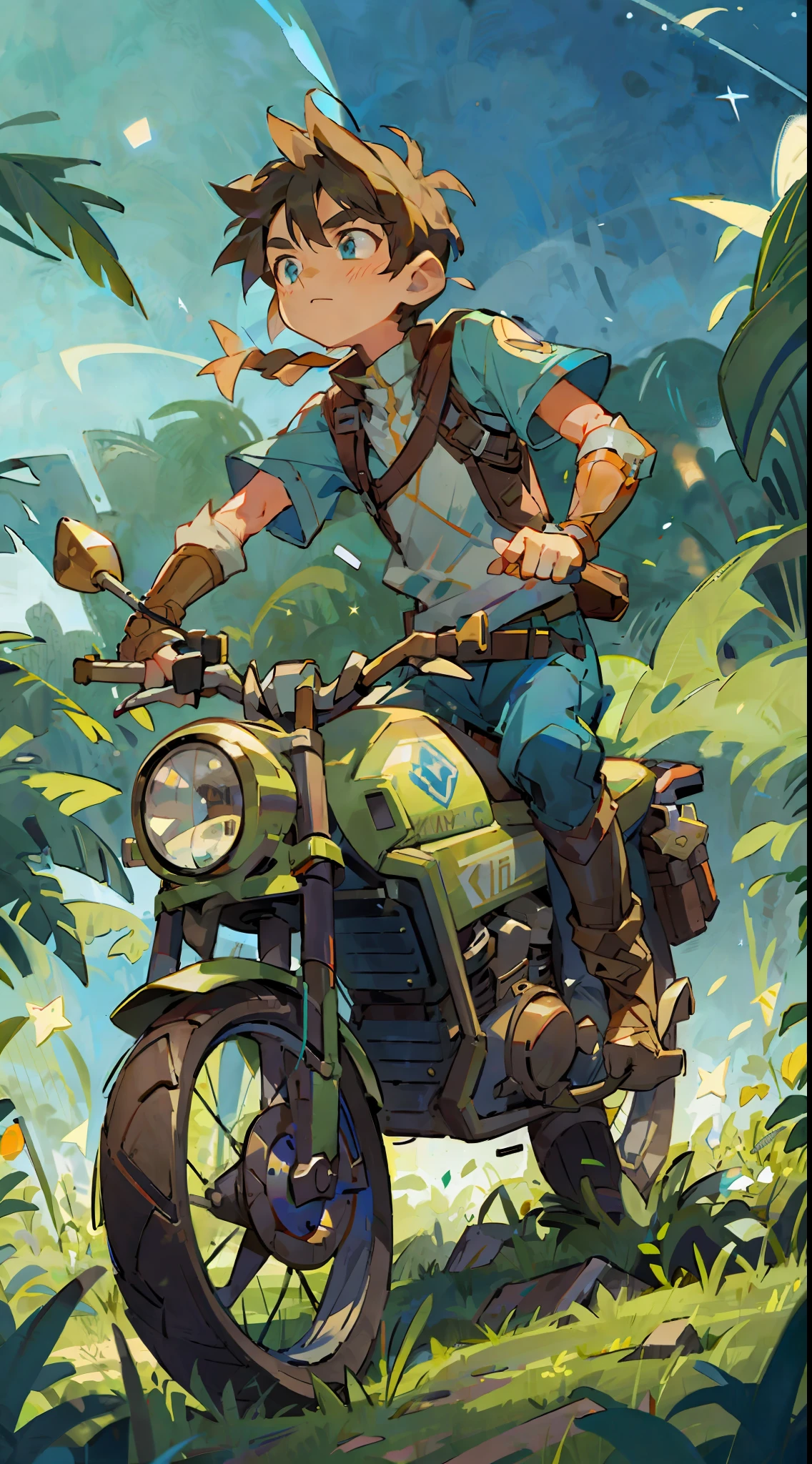 Prairie, a boy, riding a motorcycle, goggles, knight, night, Zelda dressed up, starry