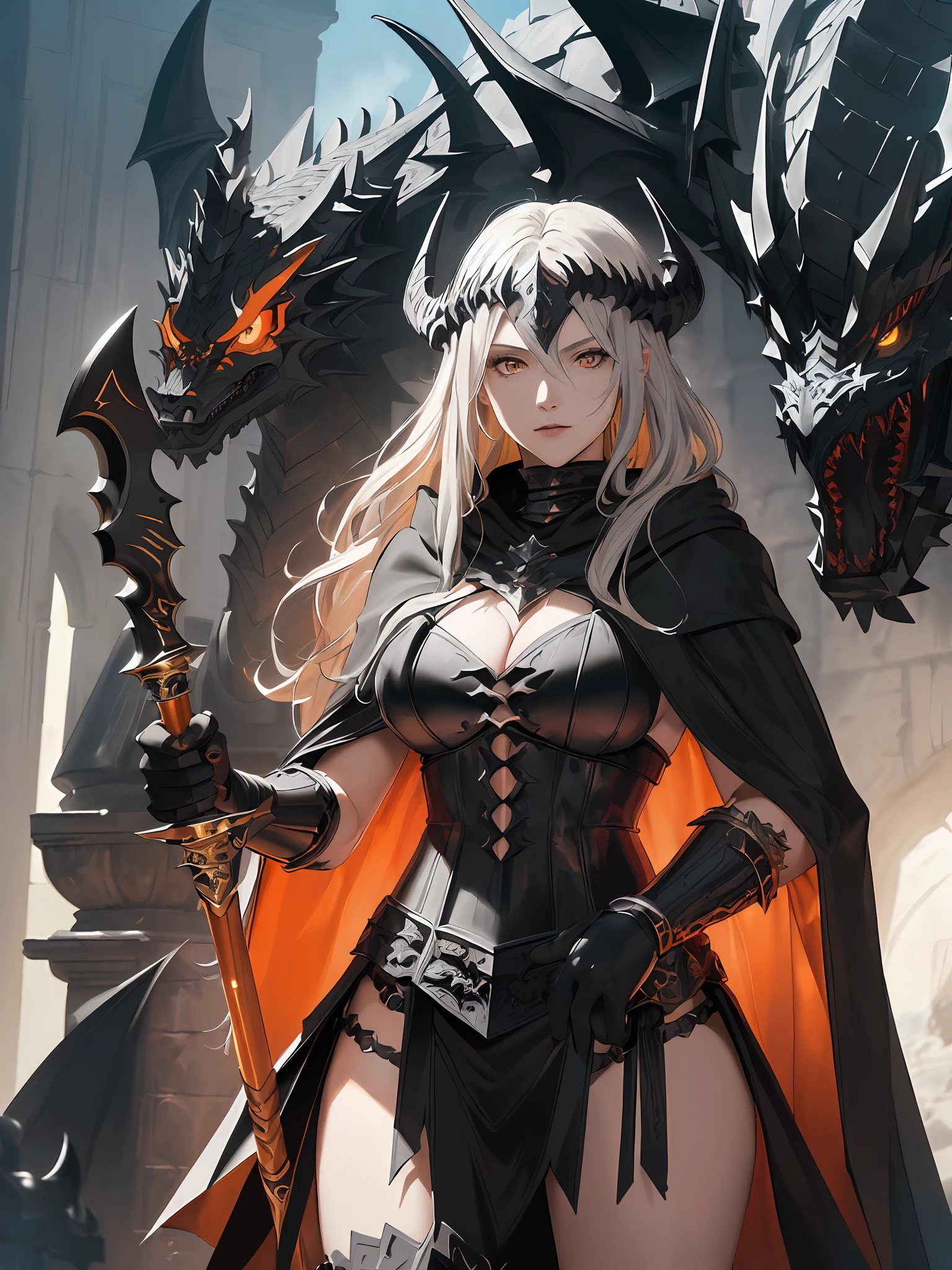(((Masterpiece, Best Quality, High Definition, High Detail)))), ((Fantasy)))), (One Barbarian Woman)), Big, (Long Silver Blonde Hair), (Orange Eyes), (((Black Cloak)), Black Dragon Full Face Helm, Black Dragon Bikini Armor, Black Dragon Gauntlet, Black Dragon Greave, ((Black Double Dragon Axe) )