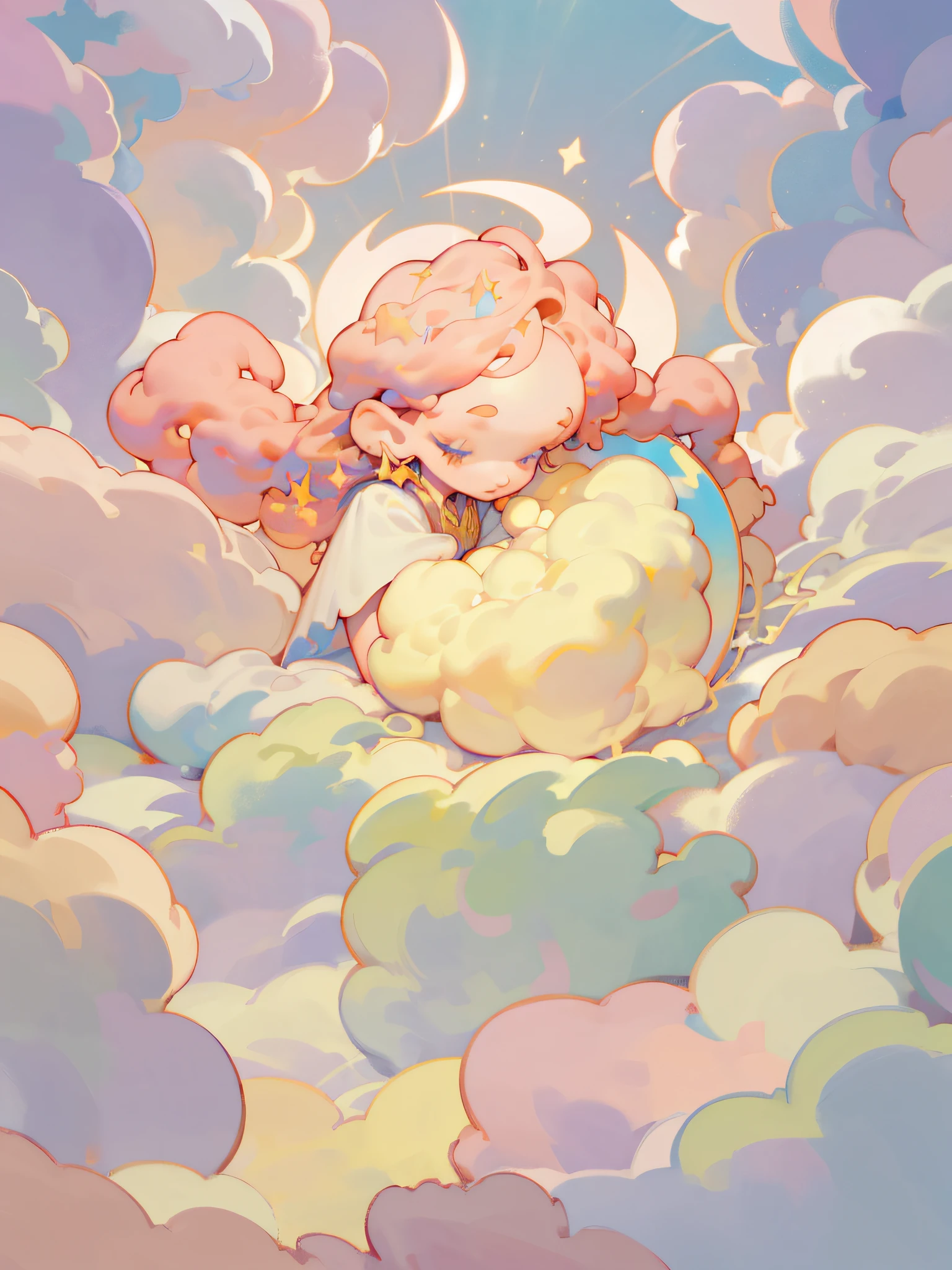Angel baby lying in clouds, cute, warm, sunlight shining on him, in dark background, dynamic magic light golden flowing clouds, a, beautiful starry sky thick acrylic paint, soft lighting, bright, morning light, dreamy shadow, diorama style, illustration, fantasy style, pastel color, medieval, fantasy float, tyndall effect, 8K