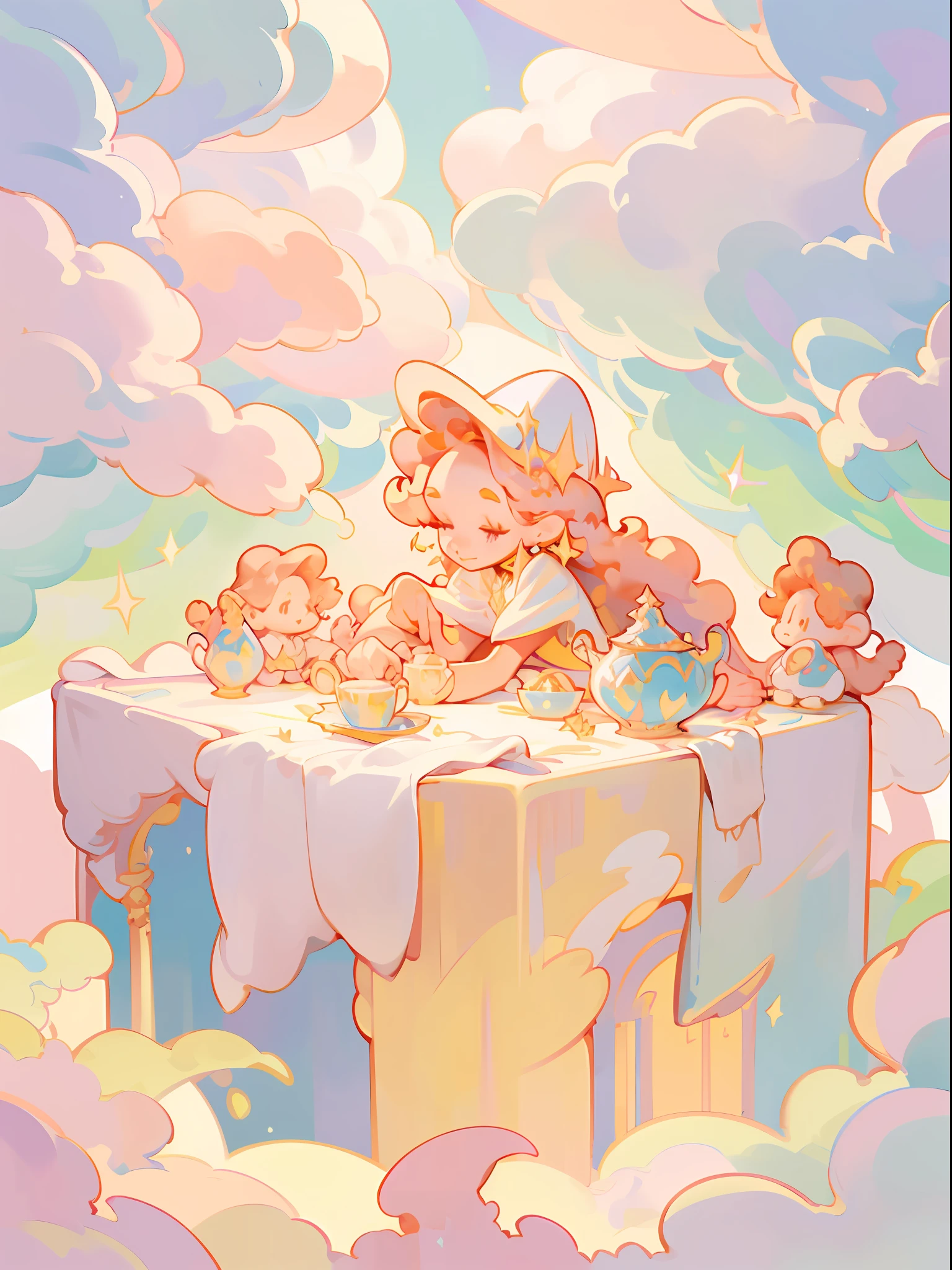 Angel baby lying in clouds, cute, warm, sunlight shining on him, in dark background, dynamic magic light golden flowing clouds, a, beautiful starry sky thick acrylic paint, soft lighting, bright, morning light, dreamy shadow, diorama style, illustration, fantasy style, pastel color, medieval, fantasy float, tyndall effect, 8K