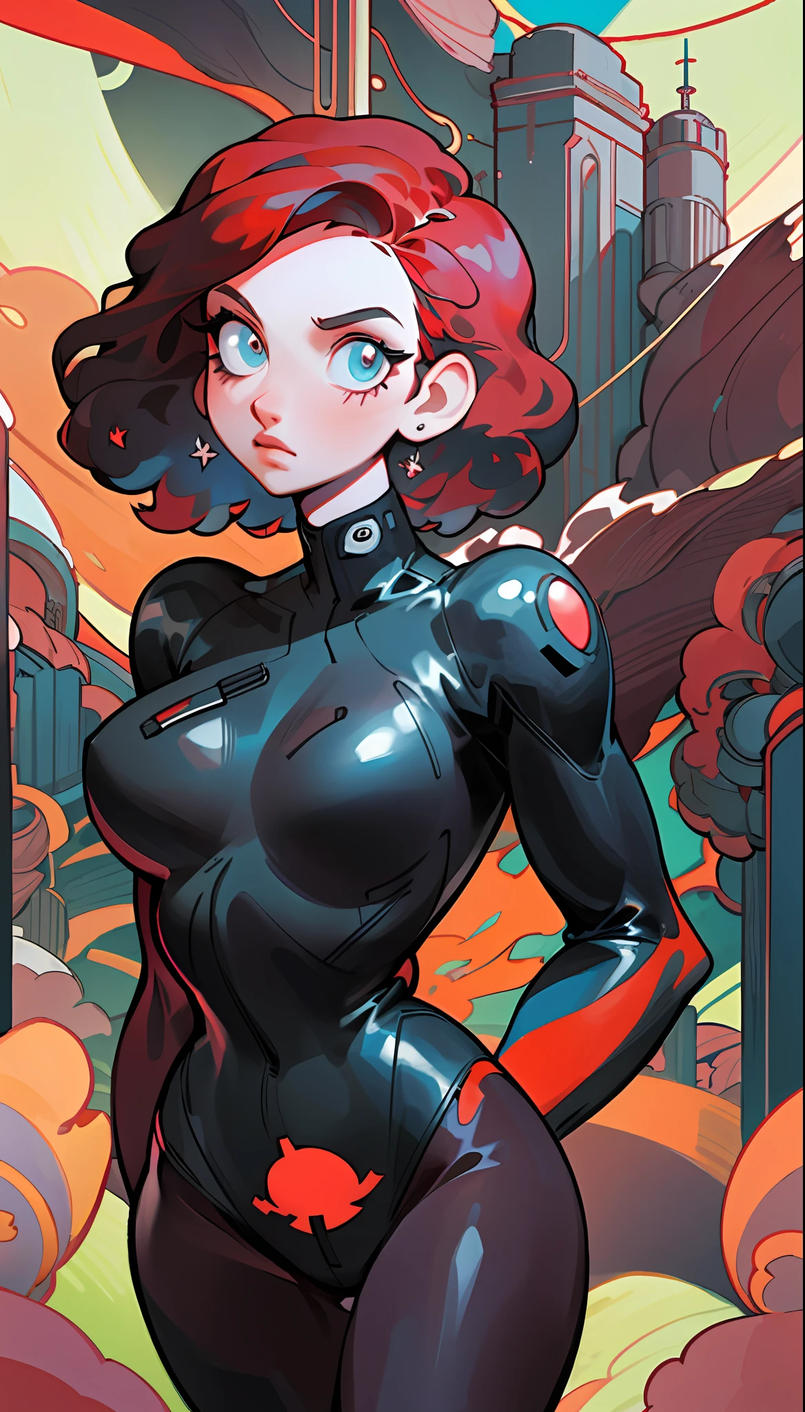 Black widow, short hair, pure black leather tights, pure red hair, looking down from above, full body, perspective composition, exaggerated composition, perfect composition, close up of face, perfect eyes, large perspective, dynamic composition, city in background, neon lights, night