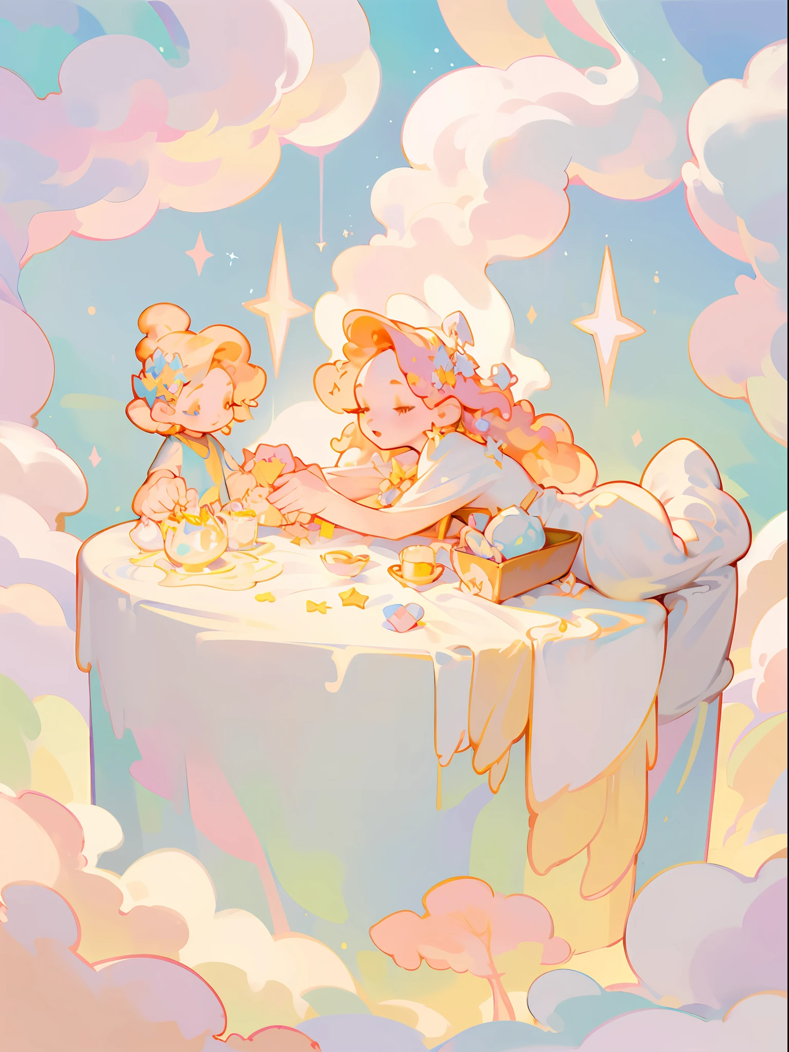 Angel baby lying in clouds, cute, warm, sunlight shining on him, in dark background, dynamic magic light golden flowing clouds, a, beautiful starry sky thick acrylic paint, soft lighting, bright, morning light, dreamy shadow, diorama style, illustration, fantasy style, pastel color, medieval, fantasy float, tyndall effect, 8K