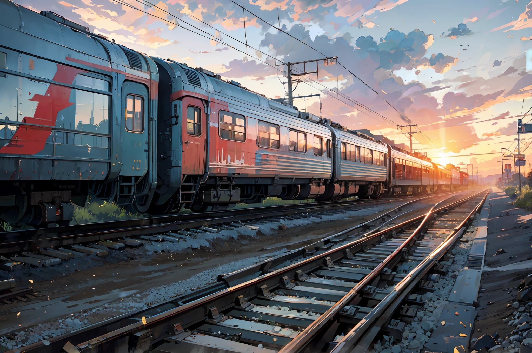 Greased train speeding along the tracks at sunset