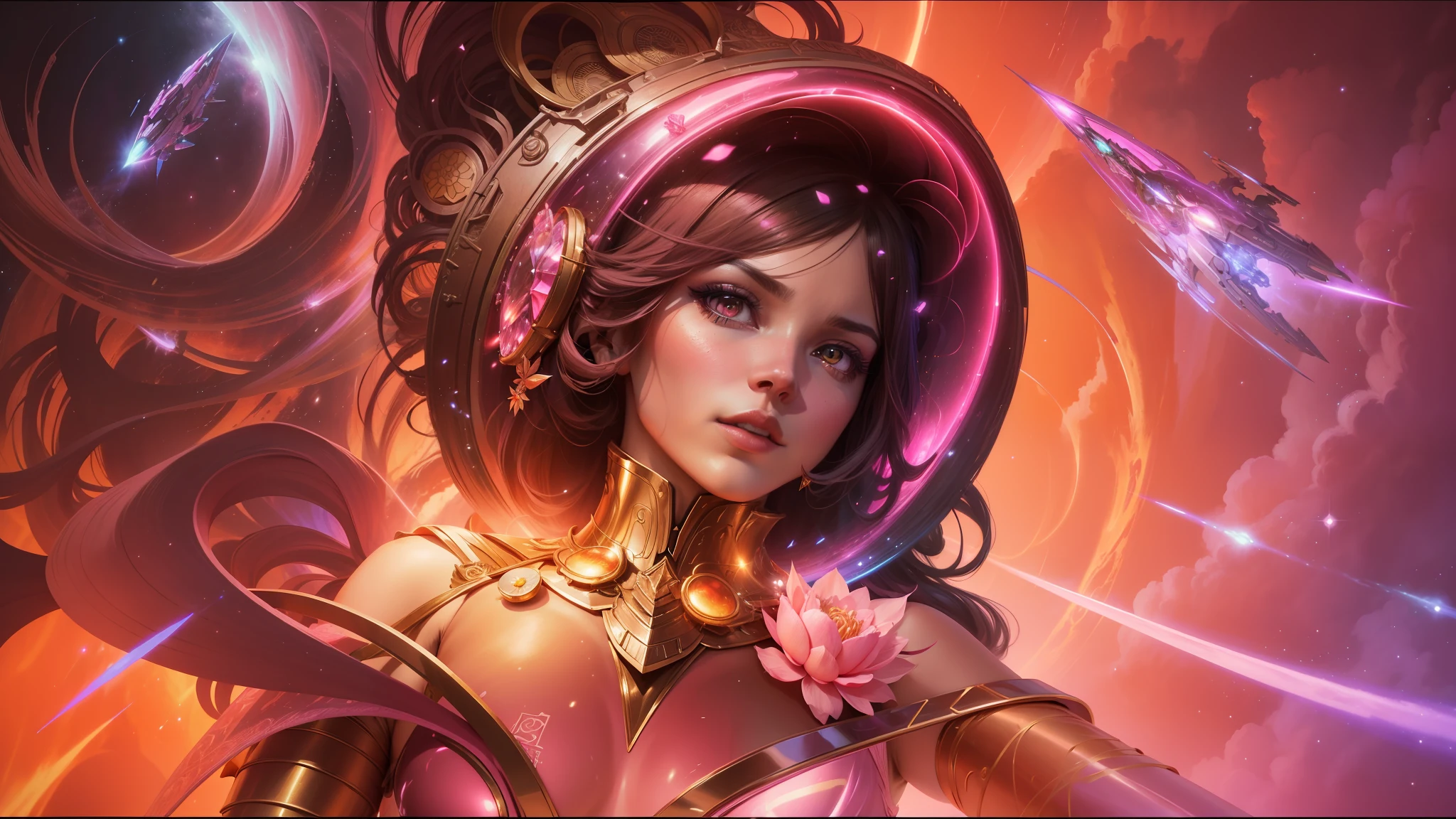 there is a woman with a futuristic headpiece and a pink dress, inspired by Lucas Graciano, trending on artstaion, shmup, inspired by Boris Vallejo, gilded lotus princess, breathtaking render, shining pink armor, crystalline masterpiece implants, background is plane in space, sci - fi : : --ar 16:9 --v 5.1