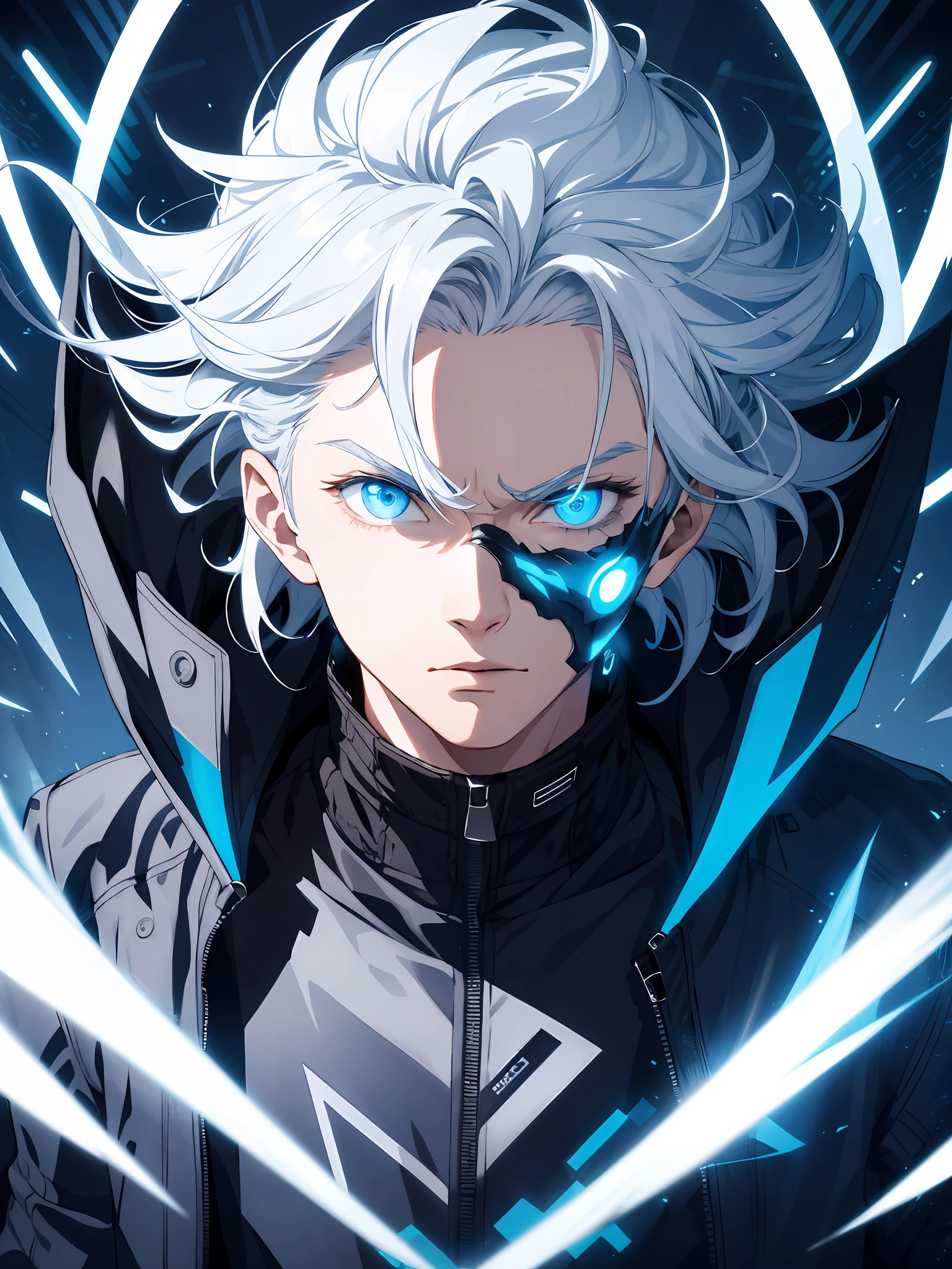 1boy,wearing a black jacket with blue energy running throughout the jacket,white hair,close up shot, futuristic mouth mask,blue outlines on the jacket,deep blue eyes, wavy messy unkept hair, ultra detailed eyes, glowing eyes, highest quality digital art, Stunning art, wallpaper 4k, highly detailed,BREAK