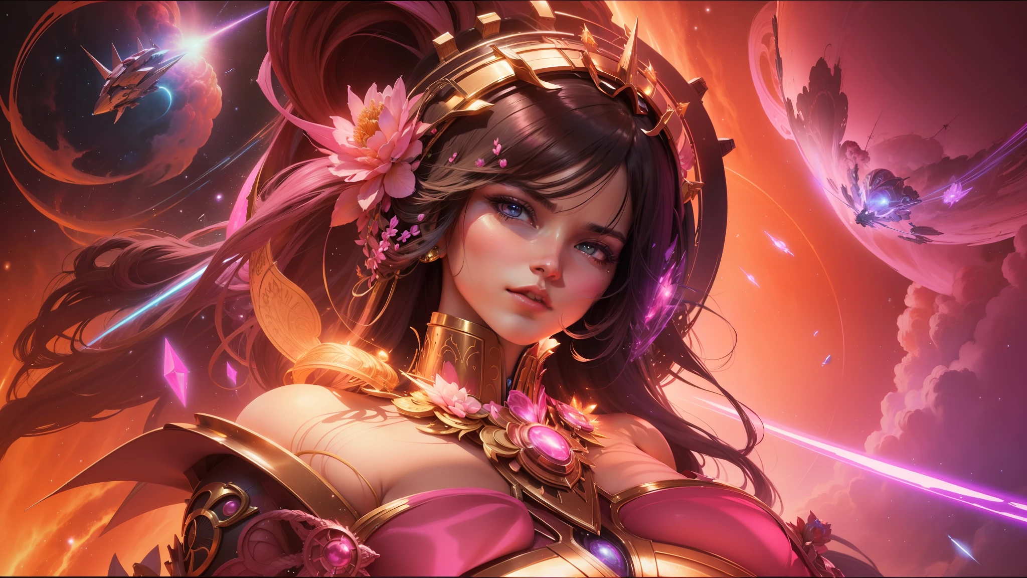 there is a woman with a futuristic headpiece and a pink dress, inspired by Lucas Graciano, trending on artstaion, shmup, inspired by Boris Vallejo, gilded lotus princess, breathtaking render, shining pink armor, crystalline masterpiece implants, background is plane in space, sci - fi : : --ar 16:9 --v 5.1