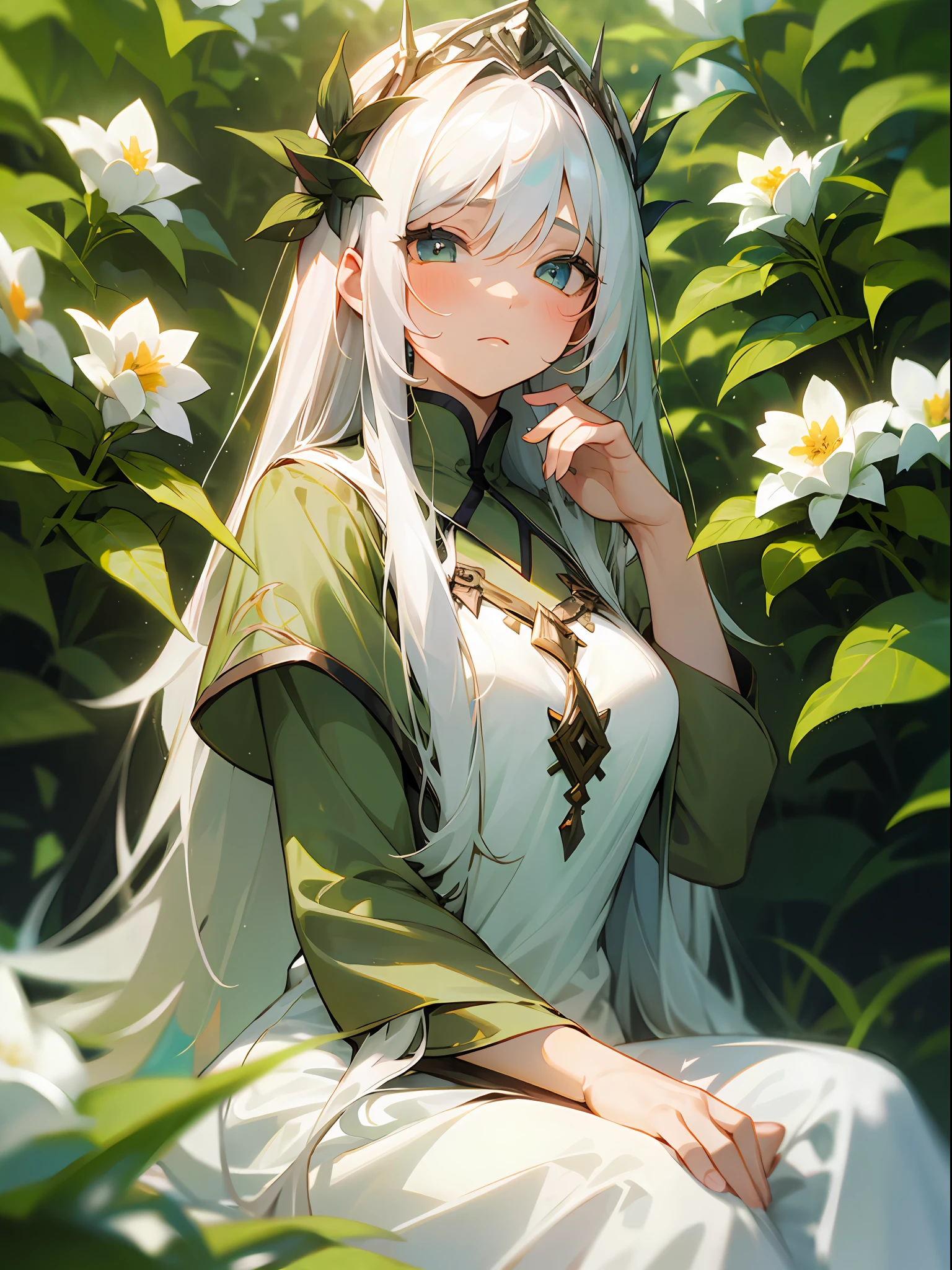 (masterpiece, best quality),1girl with long white hair sitting in a field of green plants and flowers, her hand under her chin, warm lighting, white dress, blurry foreground