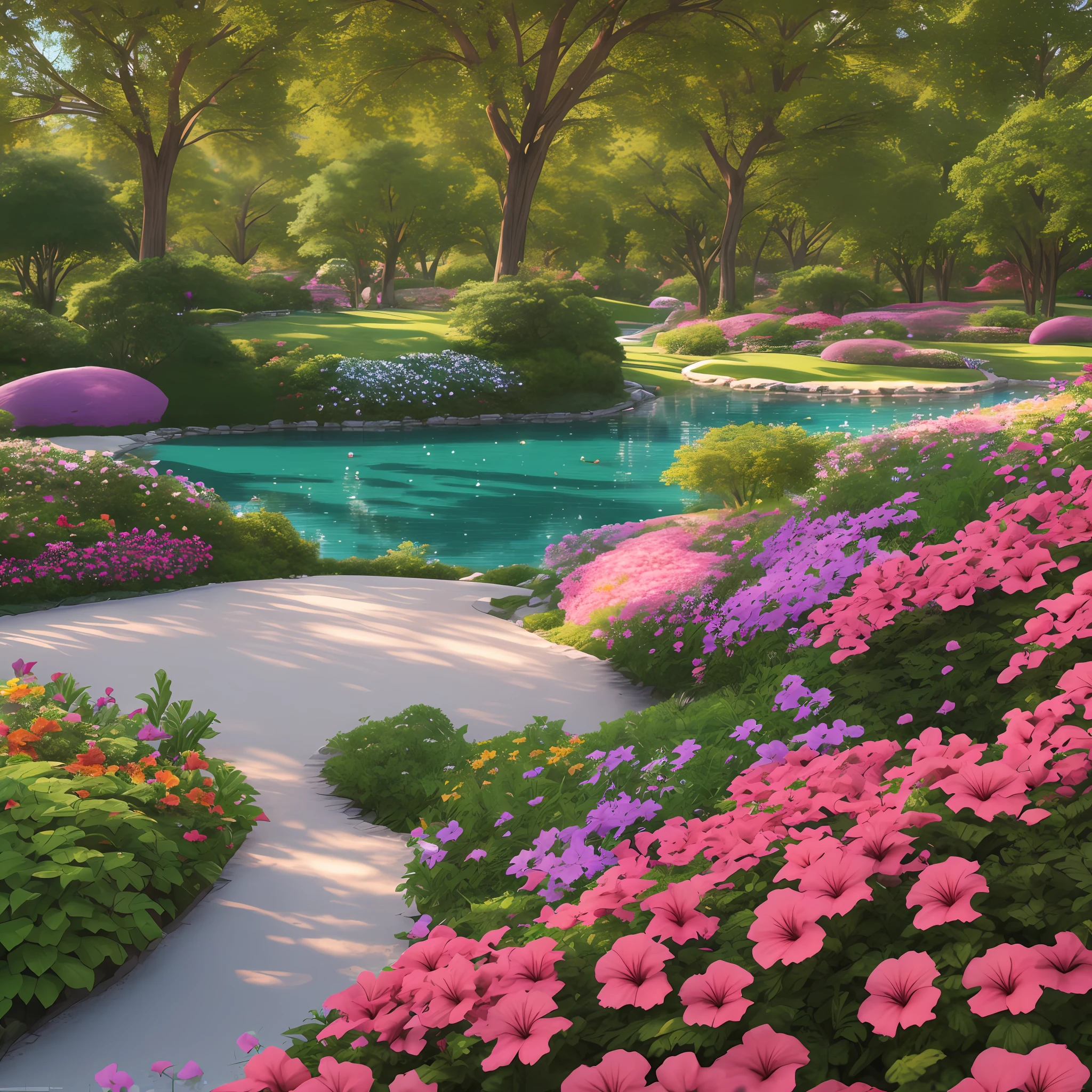 hibiscus flowers park, lake, small hill, pebble path, masterpiece, best quality, anatomically correct, high details, 8K, wallpaper --auto --s2