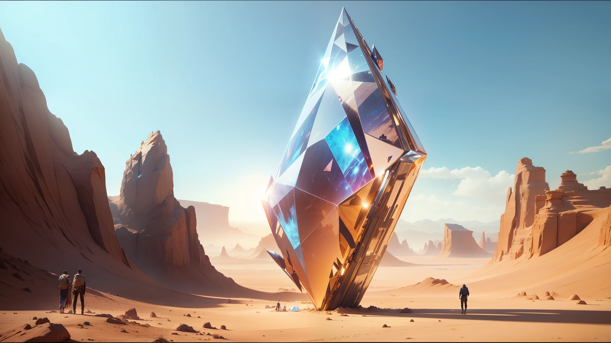 there is a man standing in the desert with a large object, full of glass. cgsociety, magical crystals, still frame from a movie, inspired by Louis Mathieu Verdilhan, album art for a trance dj, the rift, triangle shards, cinematic lens flare, connectedness, [ shards, 4 dimensions