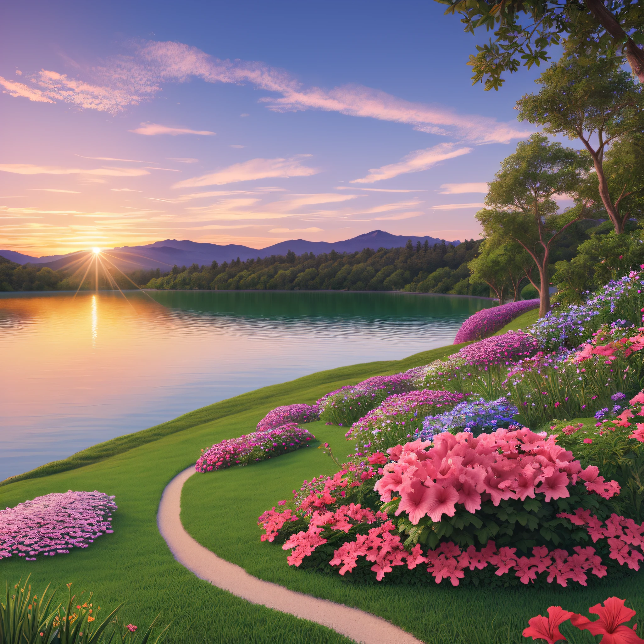 hibiscus flowers park, lake, small hill, pebble path, masterpiece, best quality, anatomically correct, high details, 8K, wallpaper --auto --s2