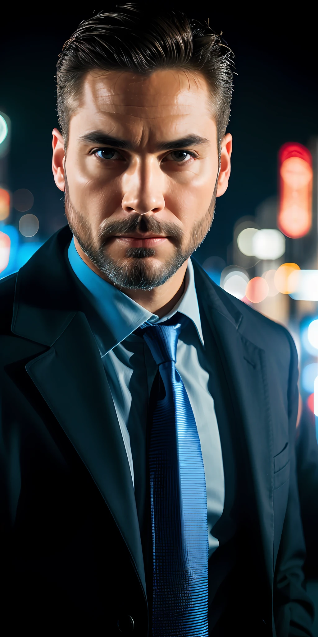 Beautiful and chamed man, 48 years old, waering a suit, smart, hot, sensual goddess, beard, full lips, beautiful mid-light-brown hair, strong, brown eyes, gel in his hair, hyper realistic, masterpiece, (( super detailed, photorealistic ,8k)), wearing a marine blue tie, demonstrating success and intelligence, in front of camera, loking to the center of the cam (highlight on his eyes), and serious and rud expression with a provocative face, walking on luminous night in a cyberpunk street.