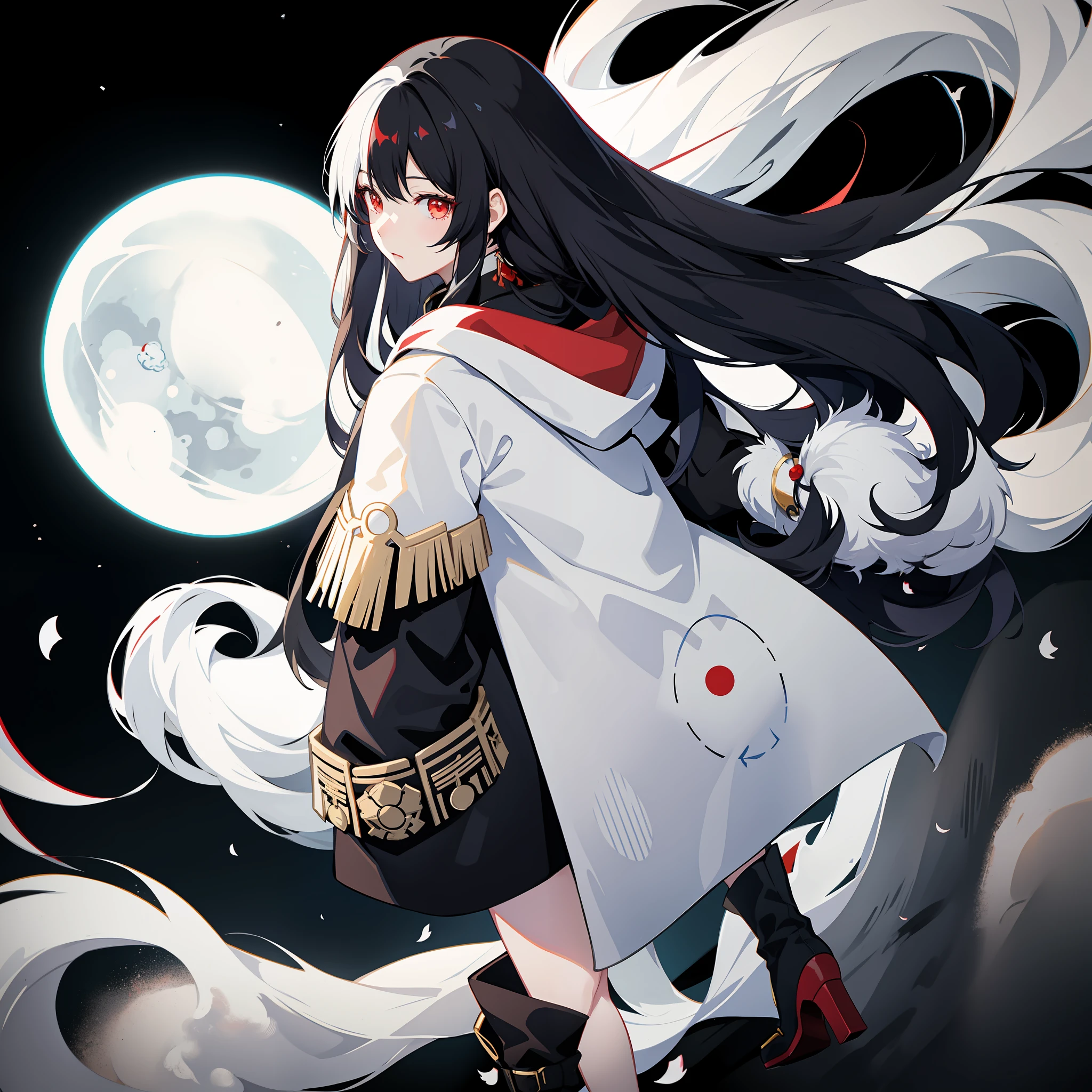 Only 1 anime female with long black hair and red eyes wearing a white coat, onmyoji portrait, azur lane style, beautiful anime female, anime moe artstyle, cute anime, attractive, anime 21yo Female, black and white hair style, holding a blackhole