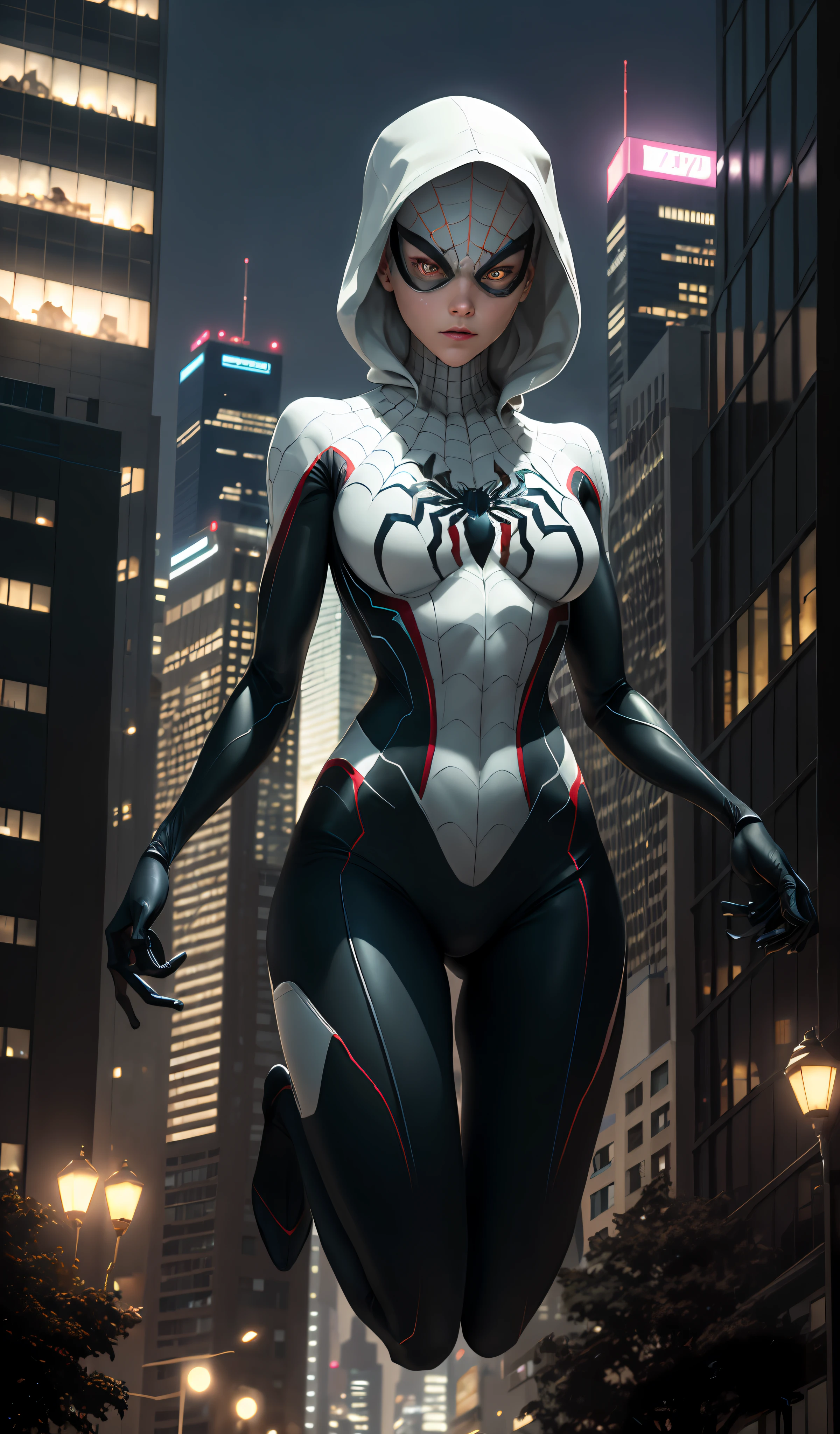 Ghost spider, Gwen wearing black clothing, spider in white chest center, organic clothing, sticky forehead, ((sandy urban environment): 0.8)|(cityscape, night, dynamic lights), (full moon))] # Note: The prompt mainly describes ultra-high-definition 4K paintings, which are very realistic and very detailed. The entire figure is shown in the painting. In depicting the behavior of superheroes, spiders are used, delicate and shiny skin, rich facial details, delicate face, symbiote, white eyes, fine art, PS5 movie screenshots, highly detailed detailed movie rendering, ultra-realistic lighting, with cinematic lighting, (masterpiece, 4k resolution, ultra-realistic, very detailed), ((Spider-Man pose), show strength, jump from building to building)