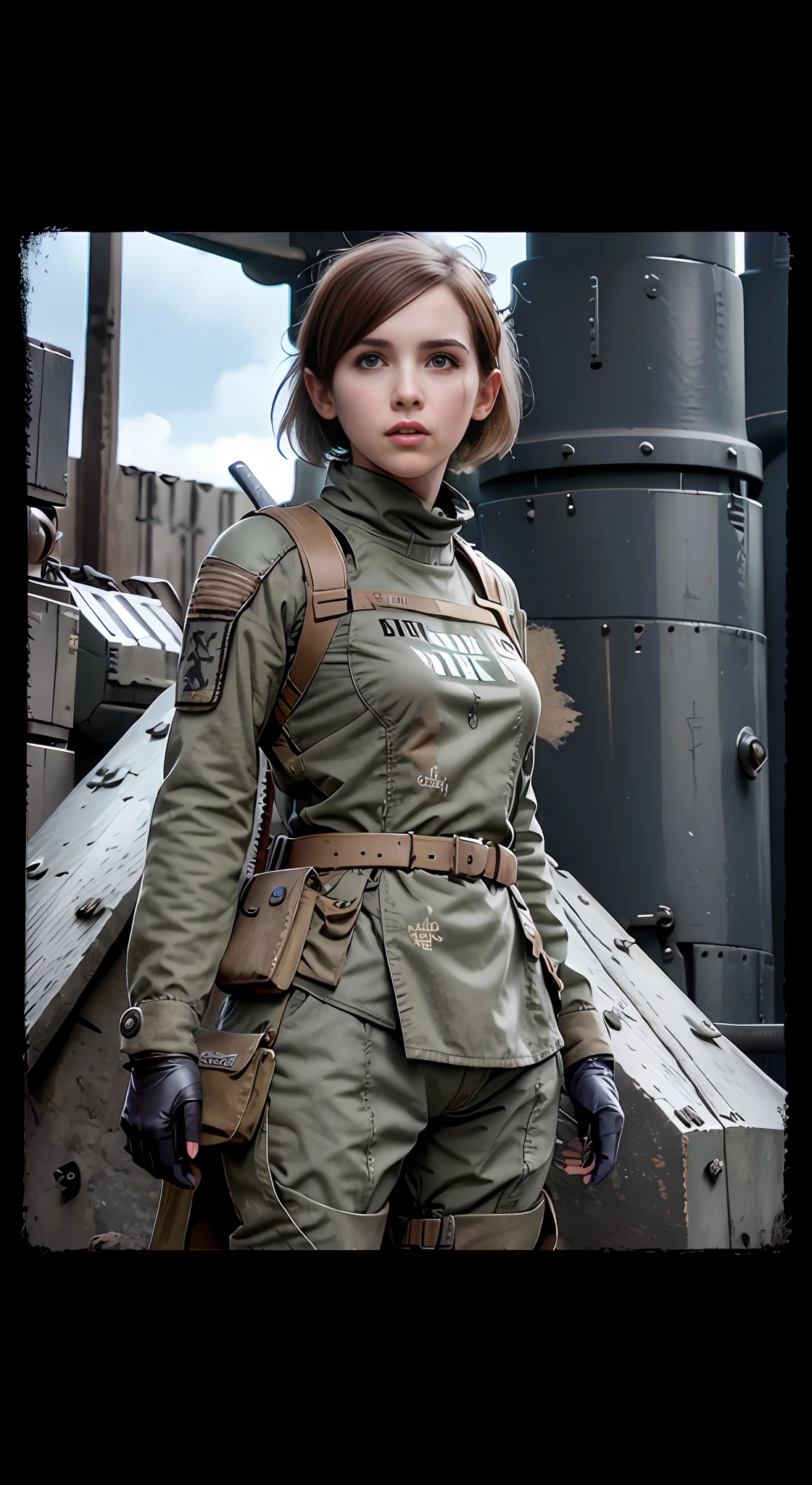 freckles on face, standing, full body shot, mechanized soldier girl, quiet from metal gear solid, soldier girl, wearing military uniform, infantry girl, emma watson Vietnam gate gunner, dieselpunk soldier girl, military uniform, soldier costume, quiet from metal gear solid v, military girl, solo female character, army women's clothing, from metal gear