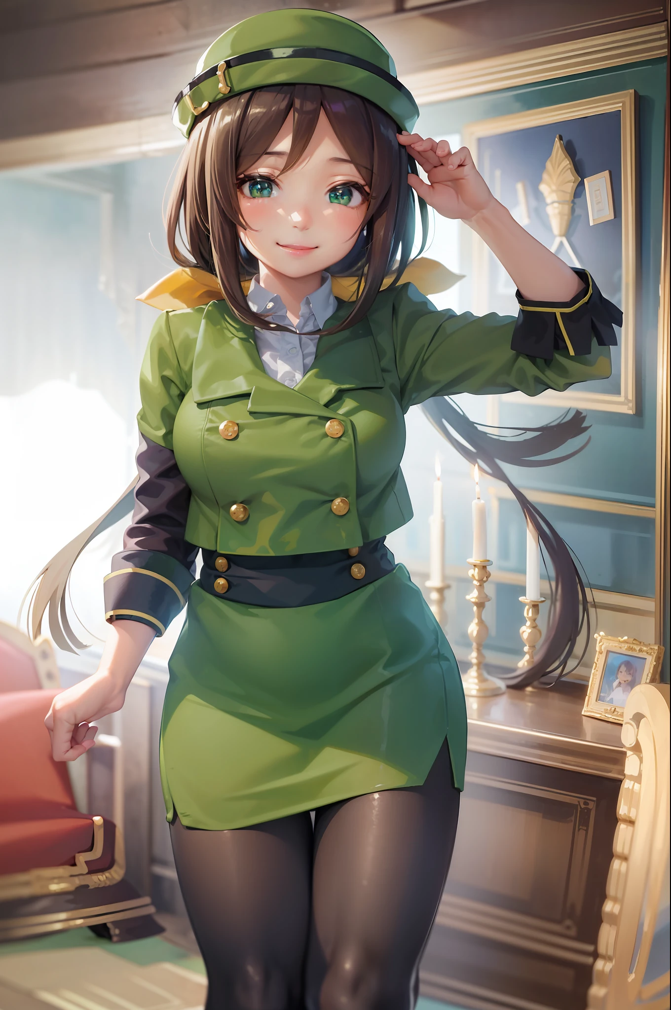 (masterpiece, best quality:1.2), cowboy shot, solo, 1girl, hayakawa tazuna, smile, closed mouth, looking at viewer, own hands together, low ponytail, green headwear, green jacket, green skirt, pantyhose