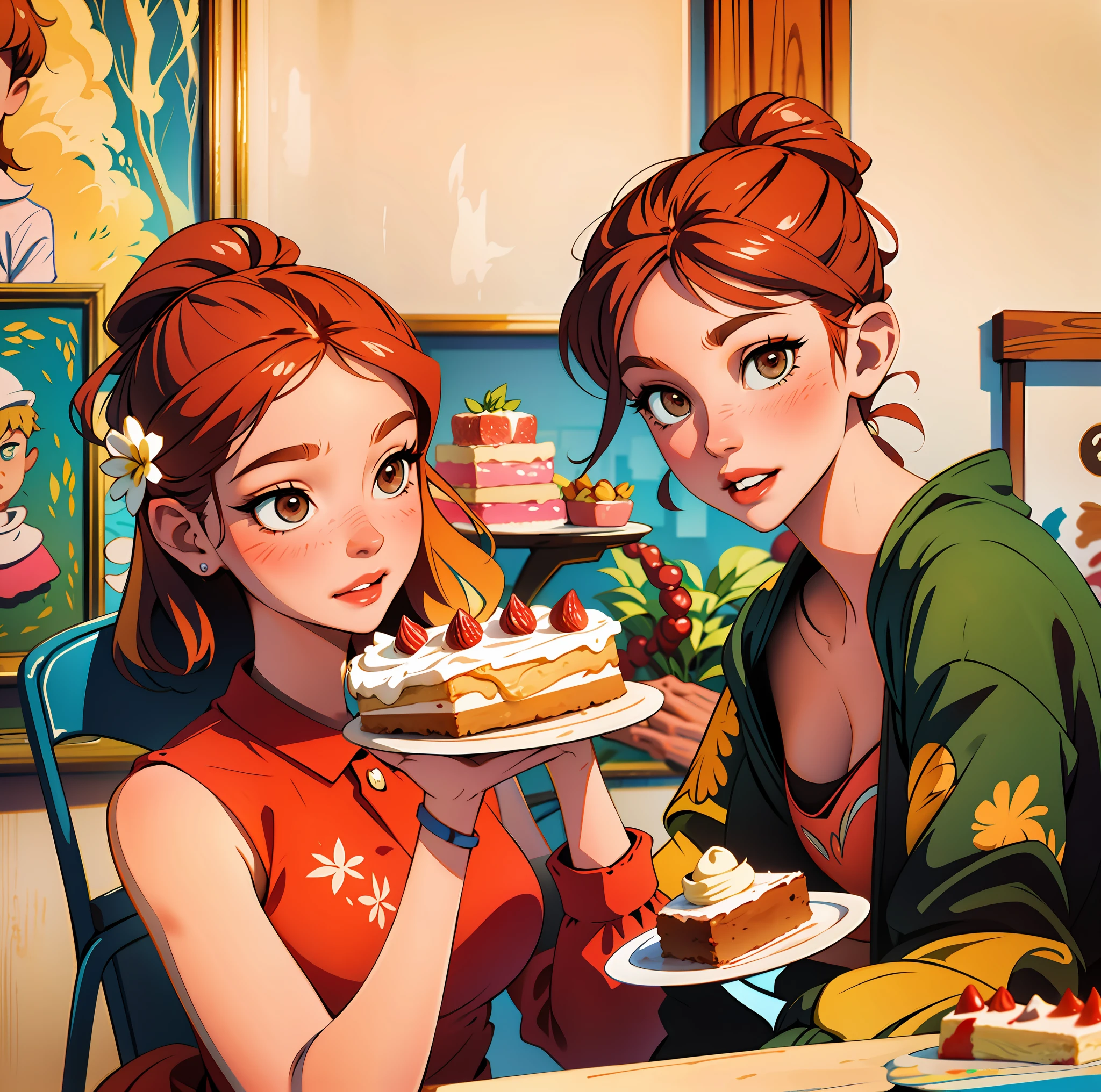 They sit at a table with cakes, cute couples, happy couples, paintings, paintings, couples, in red plates, beautiful women, handsome guys