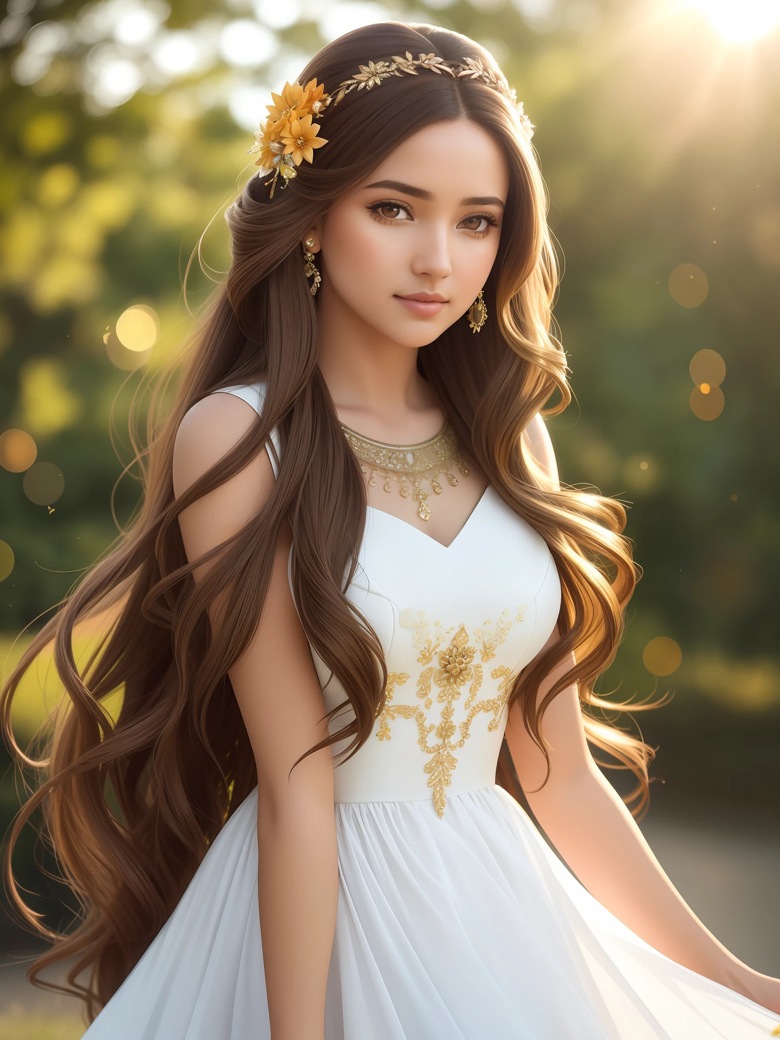 full-length photo Of A Beautiful Woman, Unique Dress, Vibrant, Depth of field, In Beautiful Dress, (( Natural Light)), (( Sunny Day )),(( Beautiful Clear Brown Eyes )), long Brown Hair, (( Unique Hair Ornament )), In Centre, (( Photorealistic )), DSLR, Highly Detailed, 4k, Extreme Details, Realistic, (( Wide Shot )), full-length photo, full-body shot