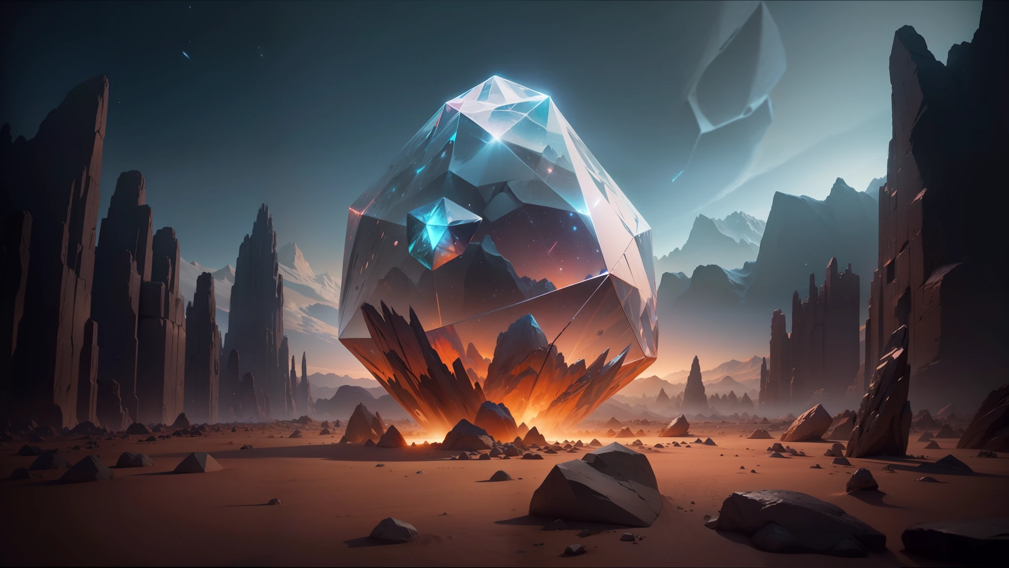 a close up of a large crystal in a desert with rocks, animation style render, atlas, cd cover artwork, orb, flares anamorphic, pierre pellegrini and ash thorp, anamorphic widescreen, platonic solids, space scene, psytrance, movie promotional image, facets