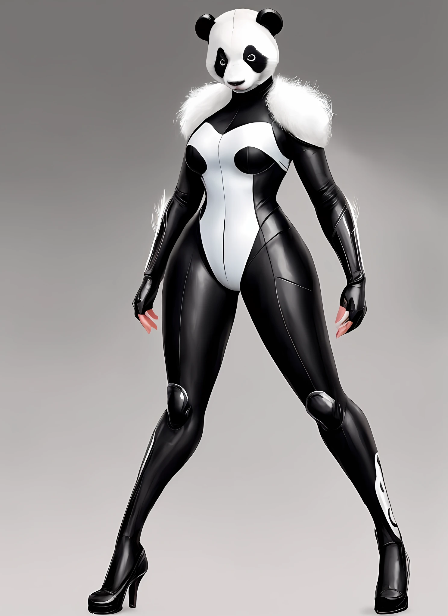 A cute slim woman posing for photo in superhero panda theme costume, black and white clothes, marvel concept art, with brushstrokes, embodying panda elements, panda woman!!, female superhero proportions, beautiful full body concept art, full body concept art, full body concept, panda woman, detailed full body concept art, new costume concept design