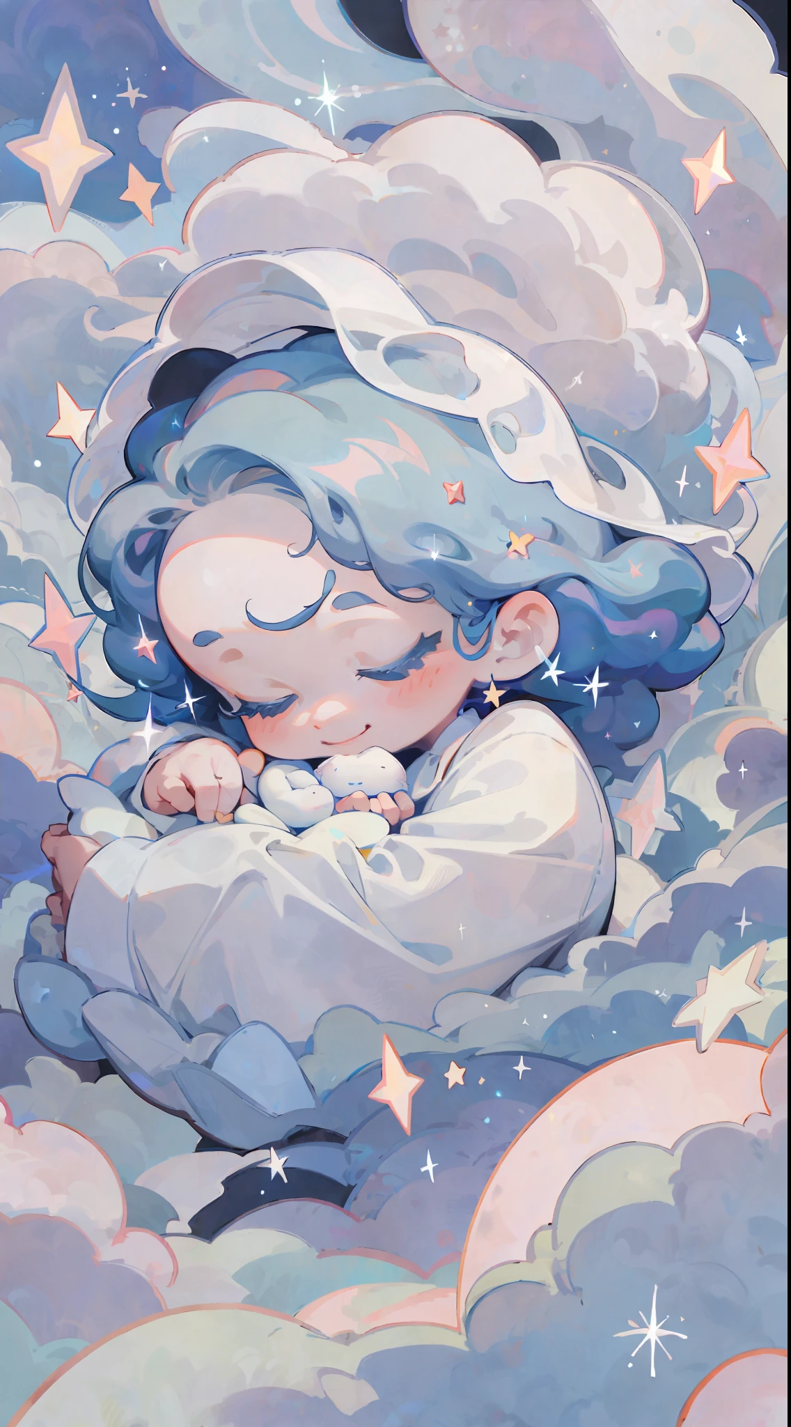 A , cute face, angel baby, sleepin the clouds, smile, stars, warm, perfect composition