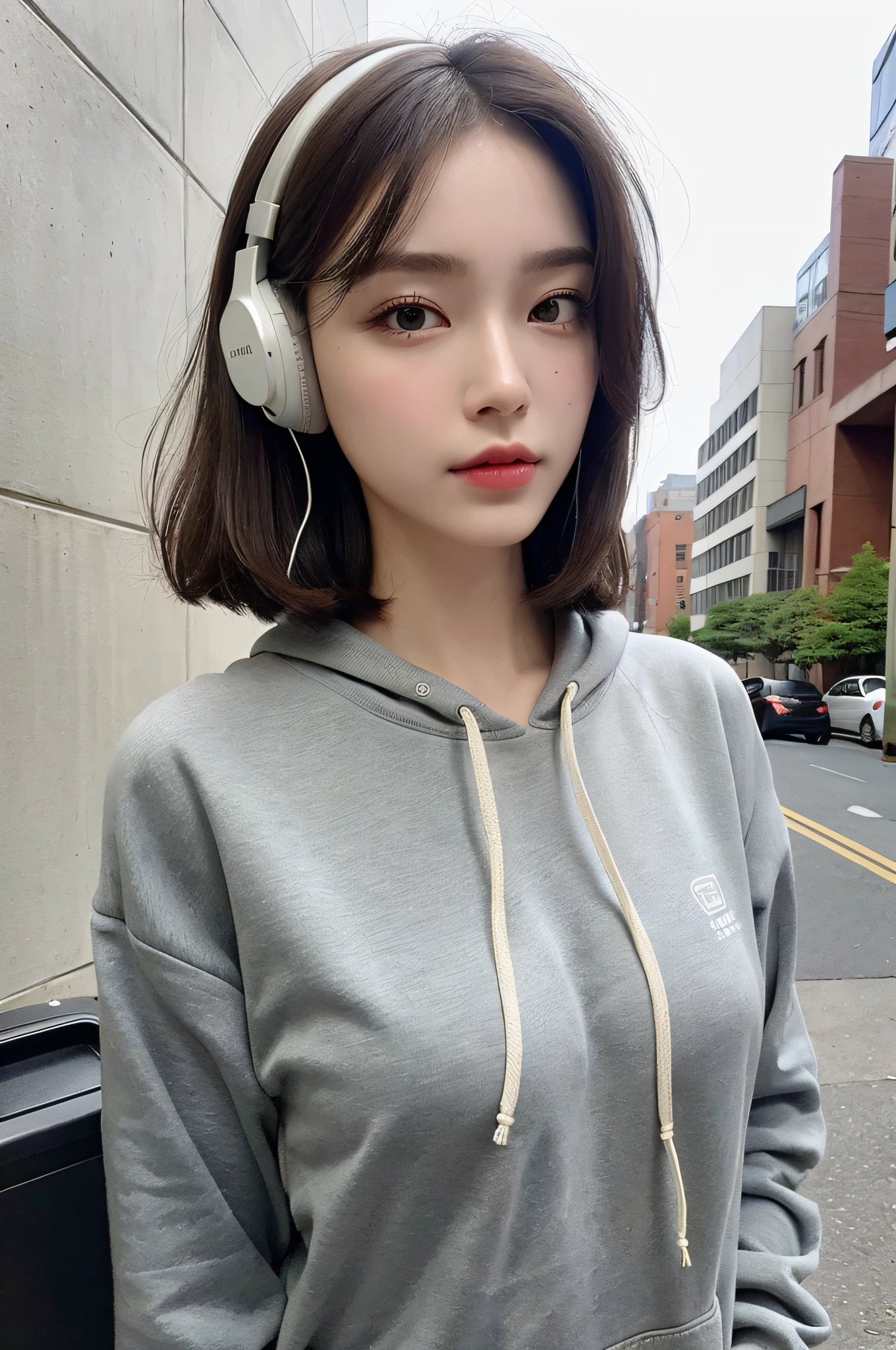 (Best quality, High resolution, Masterpiece :1.3), A tall and pretty woman, Slender figure, (Dark brown short hair), Wearing headphones, Sweatshirt, At street, Details exquisitely rendered in the face and skin texture, Detailed eyes, Double eyelid