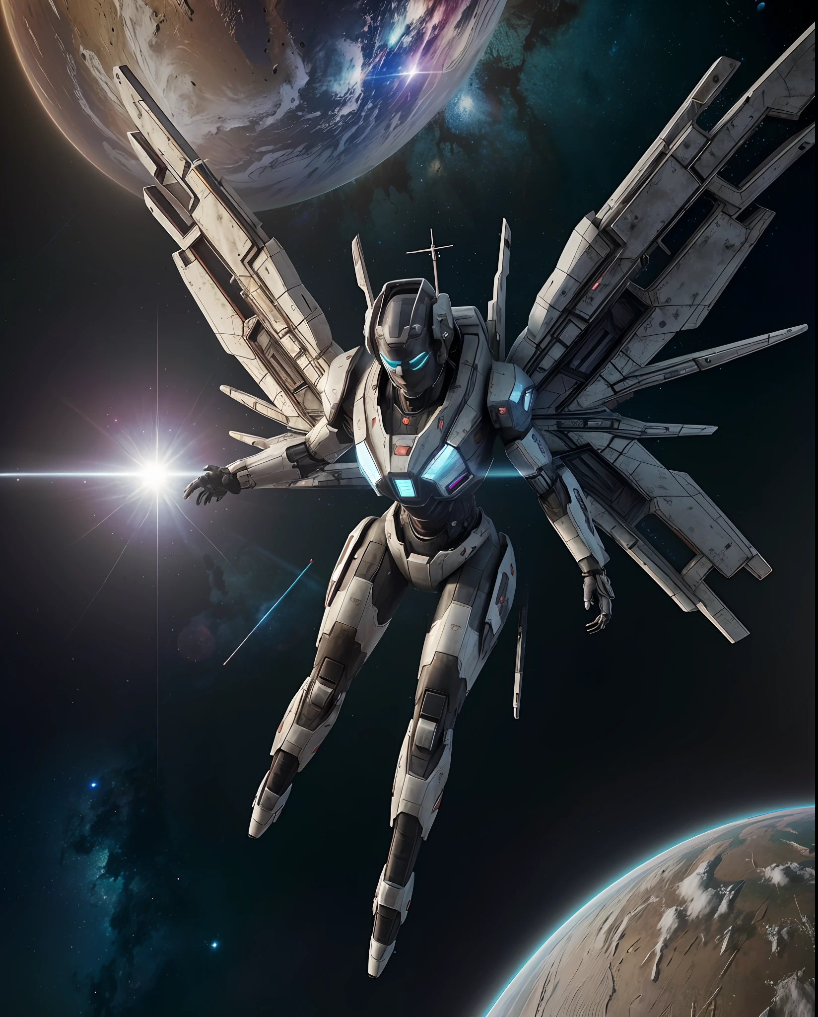 ((Best quality)), ((masterpiece)), (highly detailed:1.3), 3D, beautiful, (cyberpunk:1.2), in space, nebula, holding_weapon, (1Female mecha:1.3), facing the viewer, glowing eyes, full body, (flying, swooping down, dynamic, motion blur: 1.4), (huge mecha wings: 1.6), looking up, glowing_eyes, mecha, panorama, background is earth, nebula, space, particles, reality, HDR (High Dynamic Range), Ray Tracing, NVIDIA RTX, Super Resolution, Unreal 5, Subsurface Scattering, PBR Texturing, Post Processing, Anisotropic Filtering, Depth of Field, Maximum Clarity and Clarity, Multilayer Textures, Albedo and Specular map, Surface shading, accurate simulation of light-material interaction, perfect proportion, Octane Render, two-tone lighting, large aperture, low ISO, white balance, rule of thirds, 8K RAW, efficient sub-pixel, sub-pixel convolution,