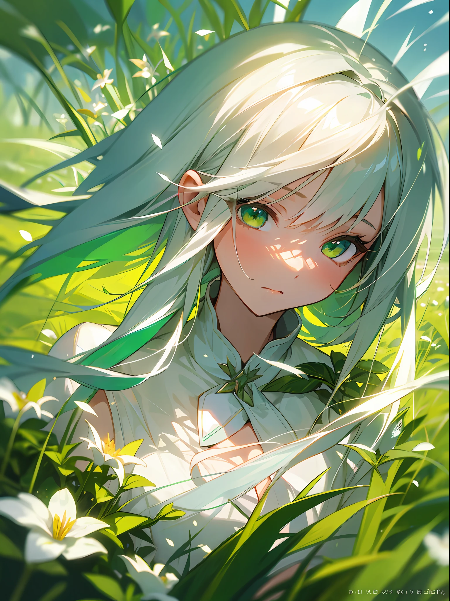 Masterpiece, Best Quality, Medium Shot, Cinematic Angle, Dynamic Pose, 1 Girl, Long White Hair, Green Eyes, White Dress, Green Plants, Field, Flowers, Blurred Outlook