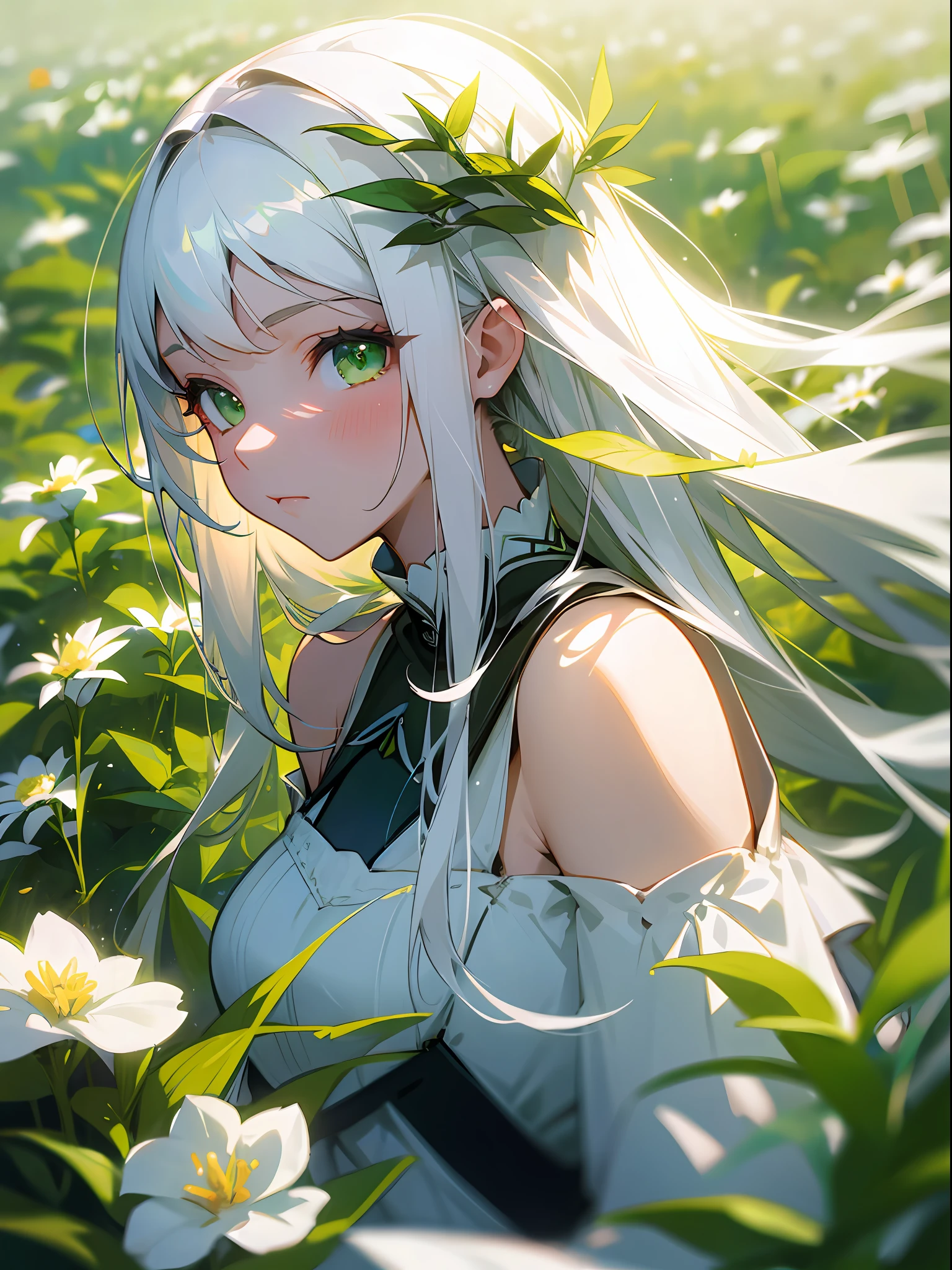 Masterpiece, Best Quality, Medium Shot, Cinematic Angle, Dynamic Pose, 1 Girl, Long White Hair, Green Eyes, White Dress, Green Plants, Field, Flowers, Blurred Outlook