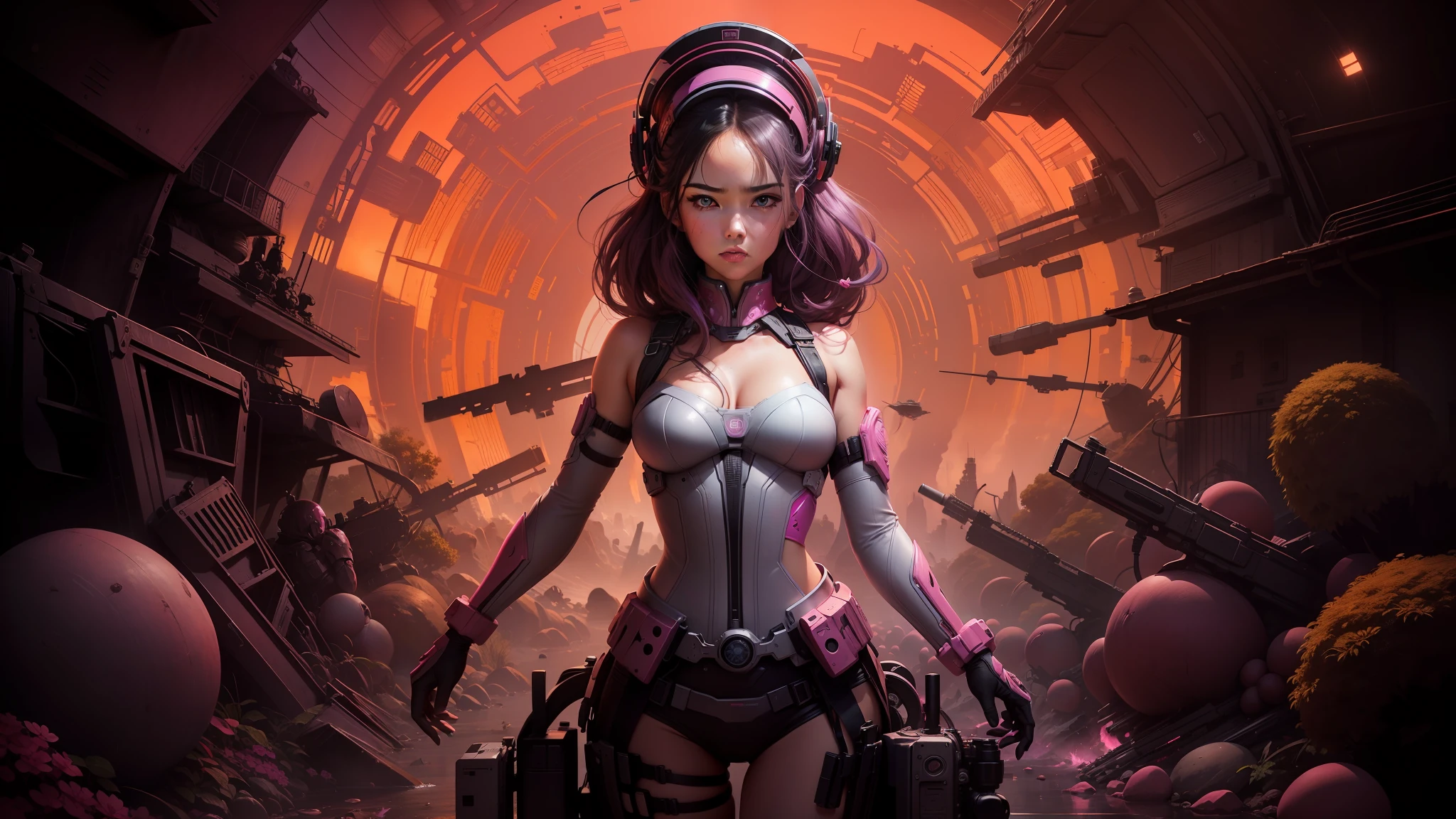 arafed image of a woman in a pink outfit standing in front of a group of people, inspired by Josan Gonzalez, will murai, front page of art station, grimes - book 1 album cover, military girl, from a 2 0 1 9 sci fi 8 k movie, manga cover art, range murata yoshitaka amano, beautiful aesthetic design --ar 16:9 --v 5.1