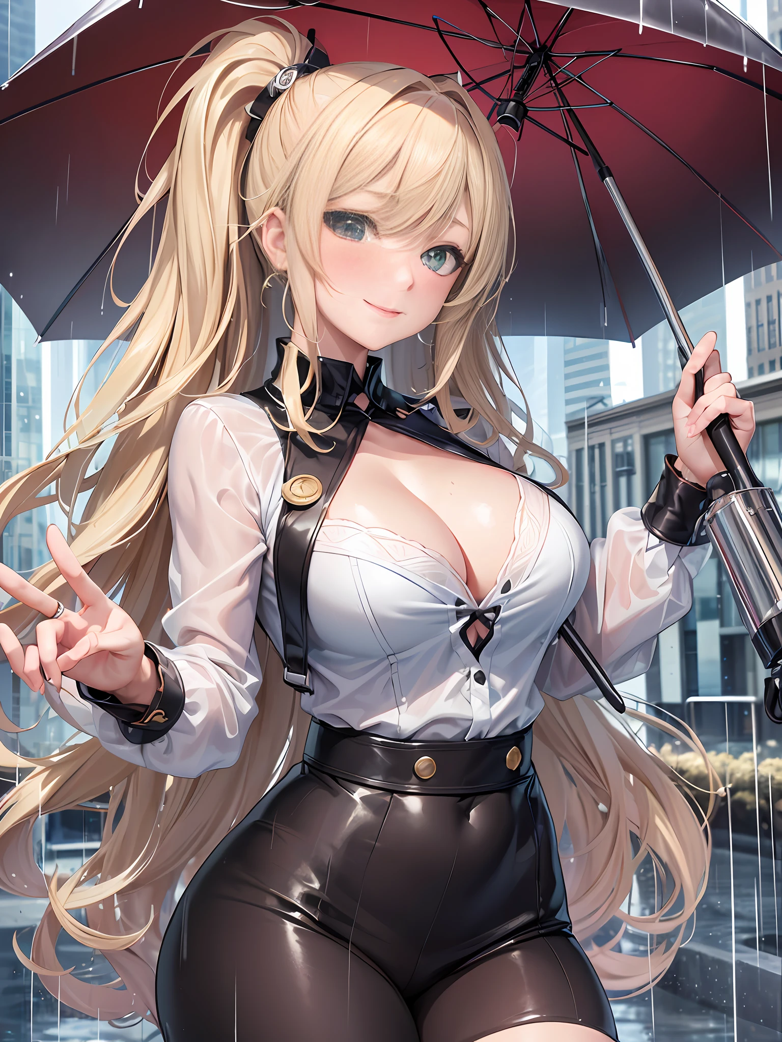 masterpiece, best quality, official art, (highly detailed CG Unity 8k wallpaper), detailed background, (hands by Guido Daniele: 1.1), feet outside the frame, first person perspective, 1, attractive and perfect beautiful woman, schoolgirl, JK, schoolgirl uniform, rainy day, a lot of rain, holding an umbrella, holding an umbrella in hand, (curvaceous), ( white thighs: 1.12), (blonde longhair: 1.12 (Ahoge: 1.13), (High Ponytail: 1.12), (Green Eyes: 1.13), Look at the Beholder, Big, (cleavage), Beautiful Face, (Blush: 1.11), (Smile: 1.11)