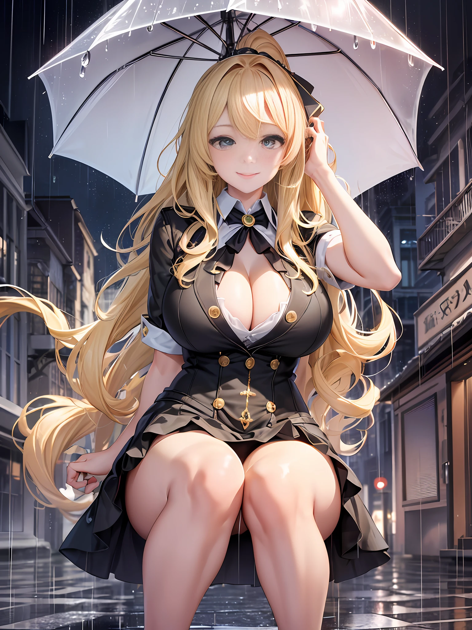 masterpiece, best quality, official art, (highly detailed CG Unity 8k wallpaper), detailed background, (hands by Guido Daniele: 1.1), feet outside the frame, first person perspective, 1, attractive and perfect beautiful woman, schoolgirl, JK, schoolgirl uniform, rainy day, a lot of rain, holding an umbrella, holding an umbrella in hand, (curvaceous), ( white thighs: 1.12), (blonde longhair: 1.12 (Ahoge: 1.13), (High Ponytail: 1.12), (Green Eyes: 1.13), Look at the Beholder, Big, (cleavage), Beautiful Face, (Blush: 1.11), (Smile: 1.11)
