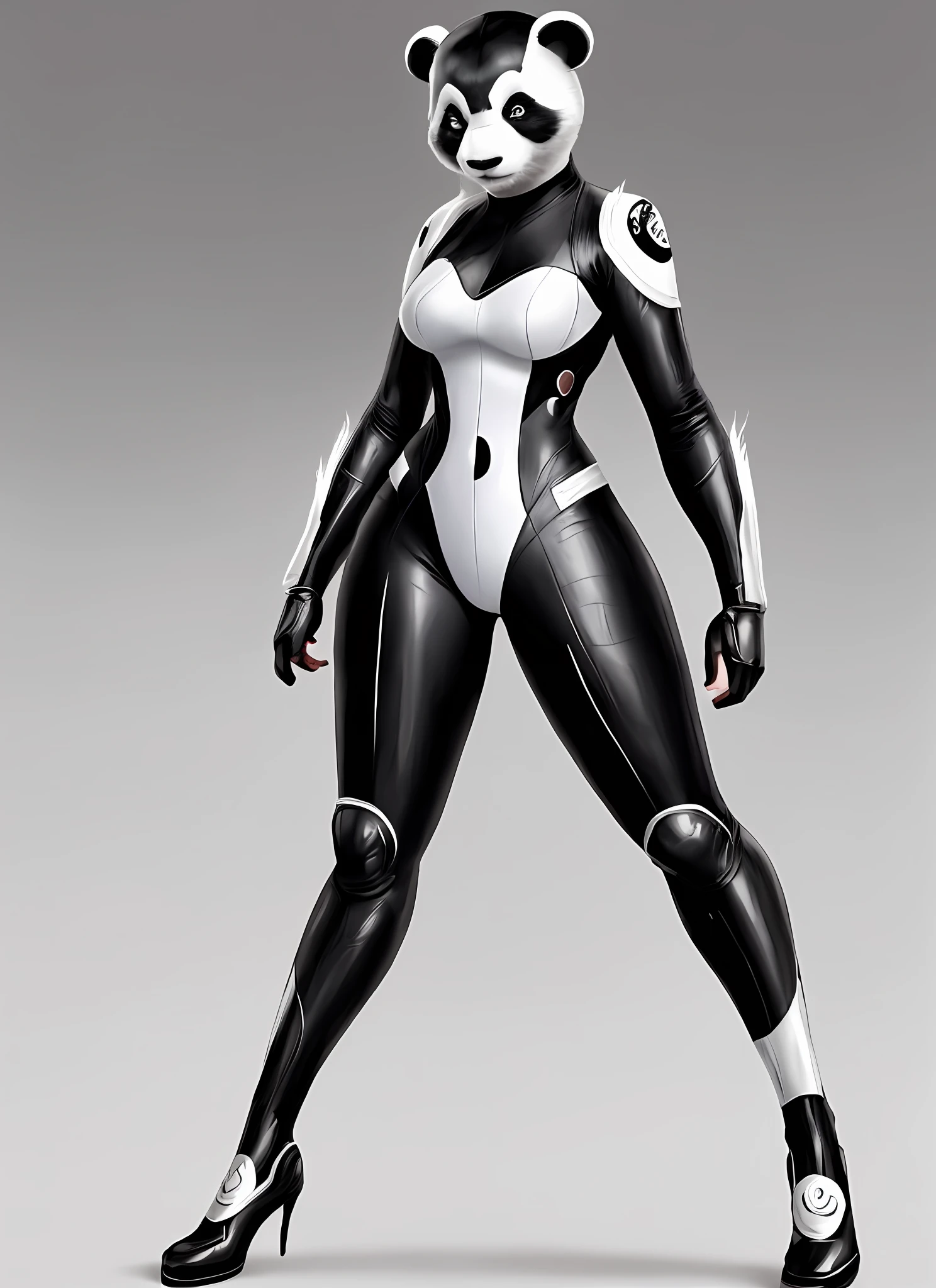 A cute slim woman posing for photo in superhero panda theme costume, black and white clothes, marvel concept art, with brushstrokes, embodying panda elements, panda woman!!, female superhero proportions, beautiful full body concept art, full body concept art, full body concept, panda woman, detailed full body concept art, new costume concept design