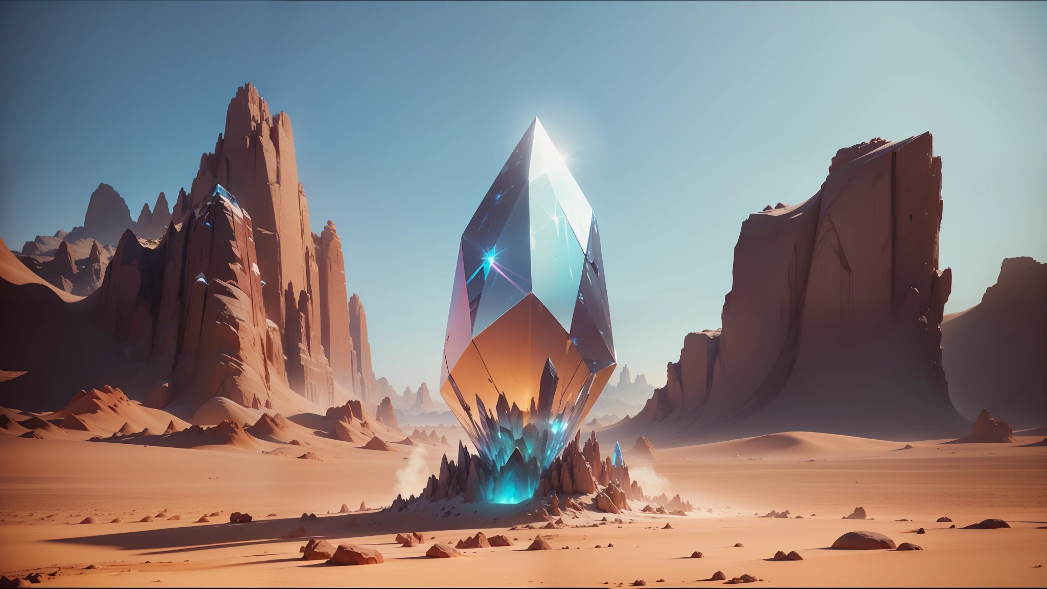 there is a very large crystal in the middle of a desert, behance 3d, cinematic still in adam | unity, iridescent. fantasy, obelisk, beautiful singularities, dance trance edm festival, by Nicolas Froment, swarovski
