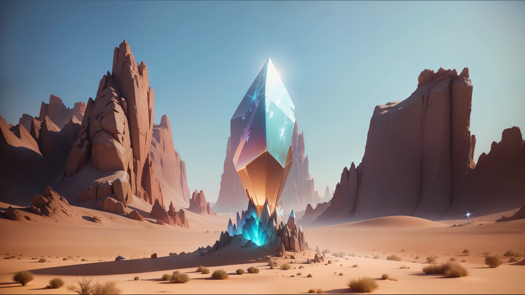 there is a very large crystal in the middle of a desert, behance 3d, cinematic still in adam | unity, iridescent. fantasy, obelisk, beautiful singularities, dance trance edm festival, by Nicolas Froment, swarovski