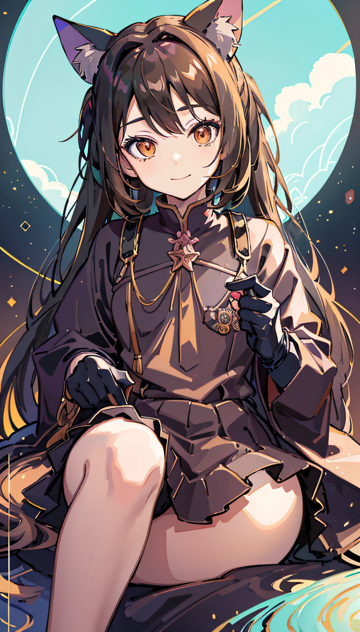 glowing hair and colorful dress in anime ((cat-eared 1girl)),  glowy pastel vivid, rossdraws cartoon vivid, anime style 4k, beautiful anime portrait, art germ colorful!!!、! dream art germ, beautiful anime, cat ear 1girl, anime style digital art, anime art wallpaper 4k, anime art wallpaper 4k, digital anime art, highly detailed art germ, teen clothes,  full body, sitting , brown hair, front view, smirking, glow lighting, beautiful lighting, exposed skin,  , small head cap, brown uniform, orange eyes