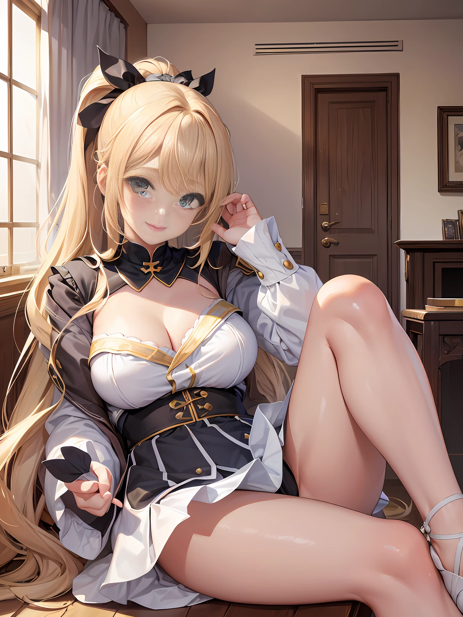 Masterpiece, Best Quality, Official Art, (Highly Detailed CG Unity 8k wallpaper), Detailed background, (Hands by Guido Daniele: 1.1), Feet out of frame, First Person View, 1, Attractive and perfect beautiful woman, High school girl, JK, schoolgirl uniform, spring, cherry, wind-blowing, flipping skirt, (curvaceous), ( White thighs: 1.12), (Blonde longhair: 1.12), (Ahoge (1.13), (high ponytail: 1.12), (green eyes: 1.13), big, (cleavage), beautiful face, (blush: 1.11), (smile: 1.11)