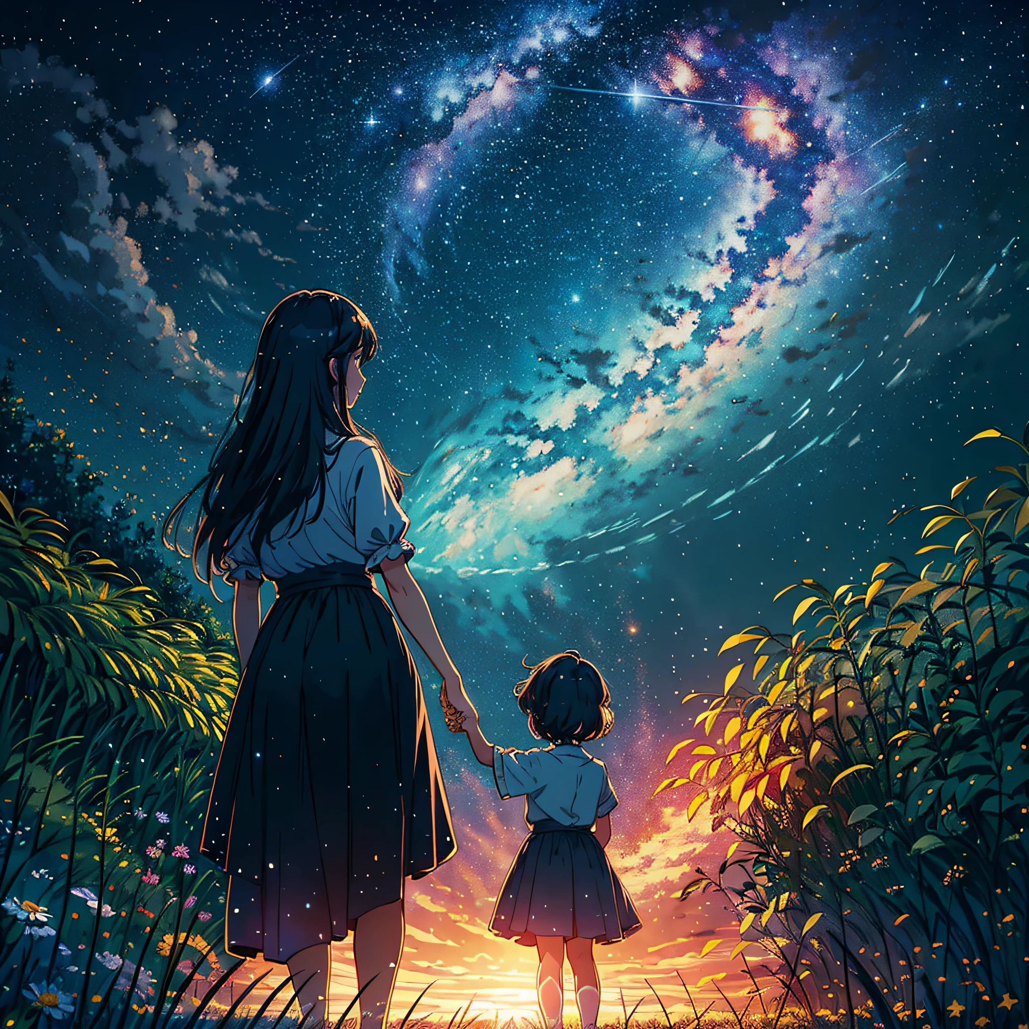 Countryside, paths, mothers, children, hand in hand, summer, night, Starry sky, stars, silence, high detail, Surrealism, Futurism, high quality, high quality, retina, retina --auto --s2