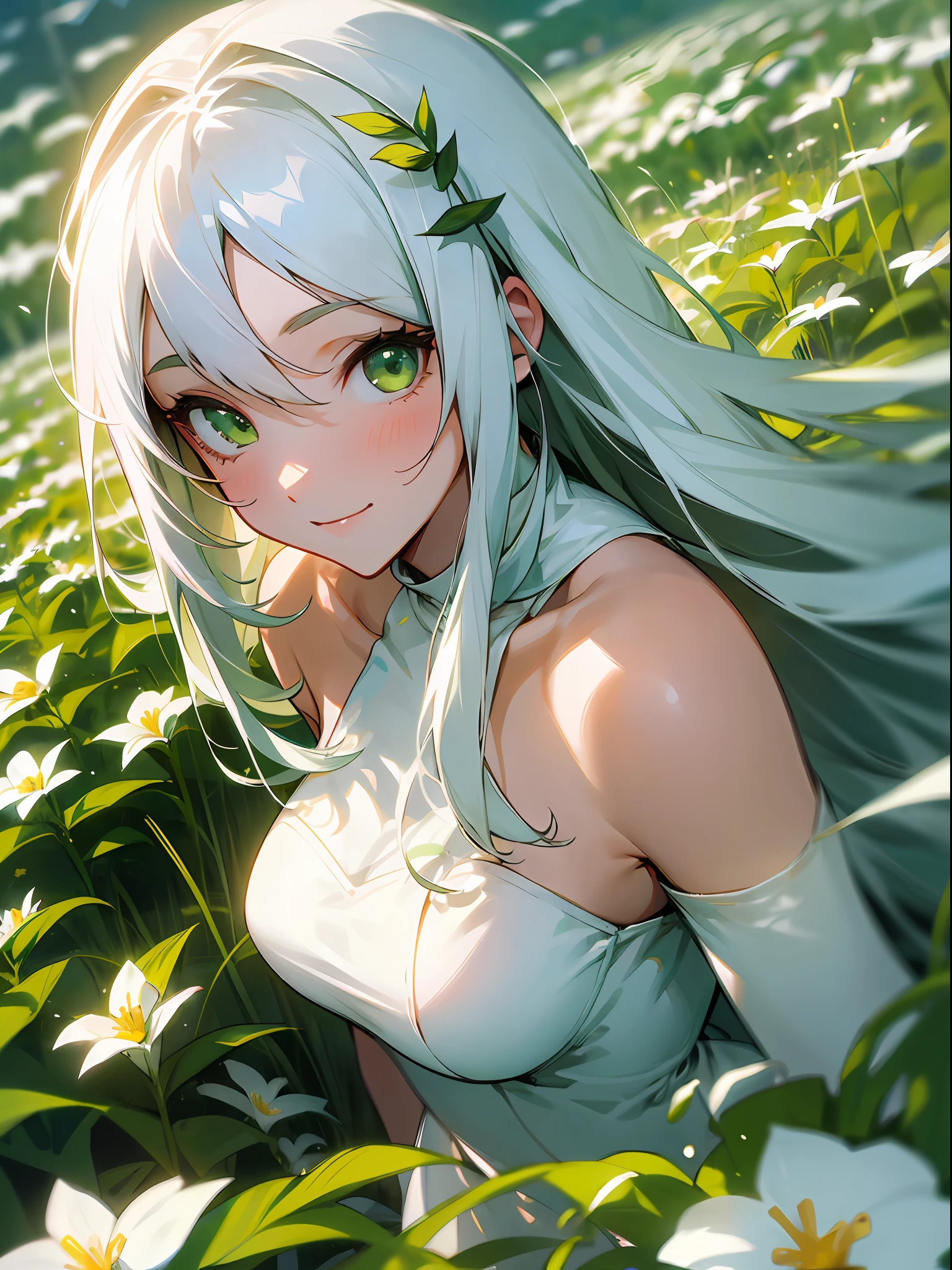 Masterpiece, Best Quality, Medium Shot, Cinematic Angle, Dynamic Pose, 1 Girl, Long White Hair, Green Eyes, White Dress, Smile, Green Plants, Field, Flowers, Blurred Outlook