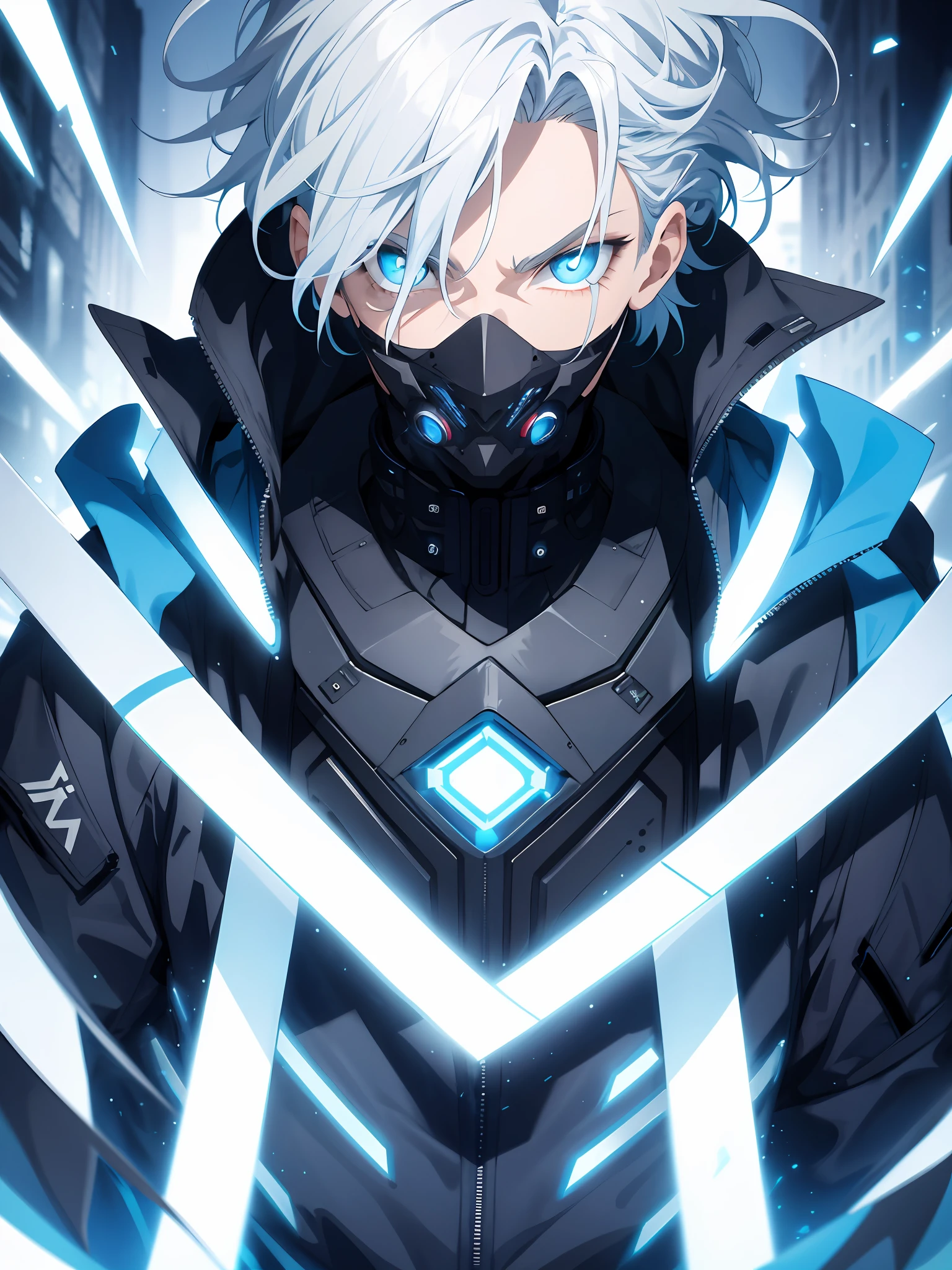 1boy,wearing a black jacket with blue energy running throughout the jacket,white hair,close up shot, futuristic mouth mask,blue outlines on the jacket,deep blue eyes, wavy messy unkept hair, ultra detailed eyes, glowing eyes, highest quality digital art, Stunning art, wallpaper 4k, highly detailed,BREAK