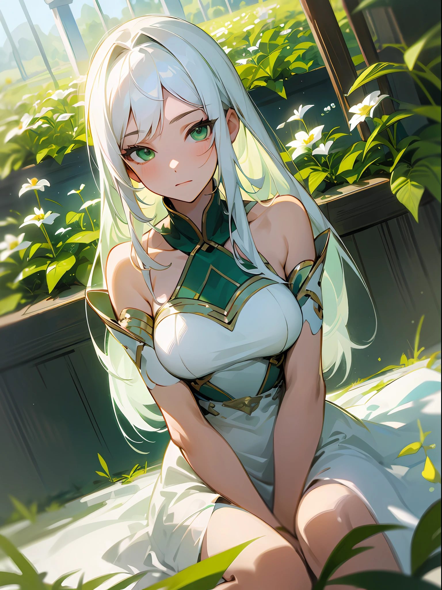 Masterpiece, Best Quality, Medium Shot, Cinematic Angle, Dynamic Pose, 1 Girl, Seated, Long White Hair, Green Eyes, White Dress, Green Plants, Fields, Flowers, Blurred Outlook
