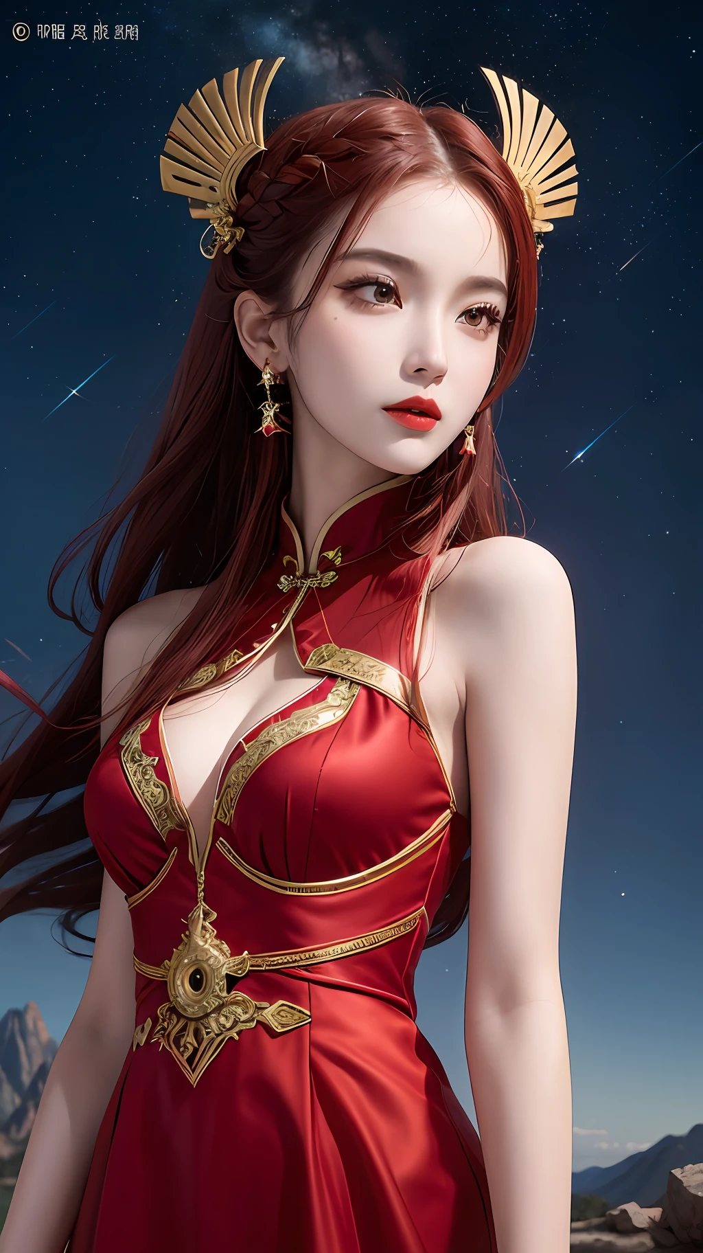 Girl, young and beautiful, tall and beautiful, fair face, perfect features, tall and beautiful, fair skin, good figure, heroic and valiant, heroic and valiant, wearing ancient Chinese armor, female general, Chinese landscape background, standing on the top of the mountain, 500 years ago, starry night, realistic, detailed, 8k, mix4,   red_dress,starry sky, fire, red hair, solo, hair ornament, long hair, red eyes, jewelry, earrings, dress, bare shoulders, red lips, upper body, white background, facial mark, crescent, lipstick, forehead mark, looking at viewer