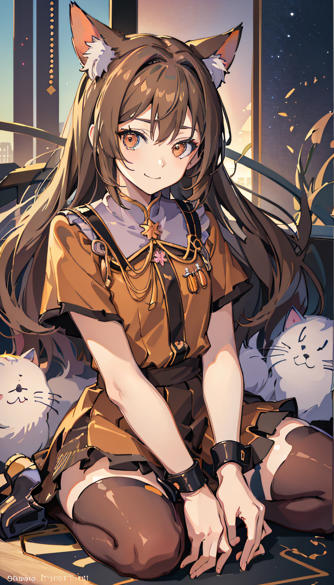 glowing hair and colorful dress in anime ((cat-eared 1girl)), glowy pastel vivid, rossdraws cartoon vivid, anime style 4k, beautiful anime portrait, art germ colorful!!!、! dream art germ, beautiful anime, cat ear 1girl, anime style digital art, anime art wallpaper 4k, anime art wallpaper 4k, digital anime art, highly detailed art germ, clothes, full body, sitting , brown hair, front view, smirking, glow lighting, beautiful lighting, exposed skin, , small head cap, brown uniform, orange eyes