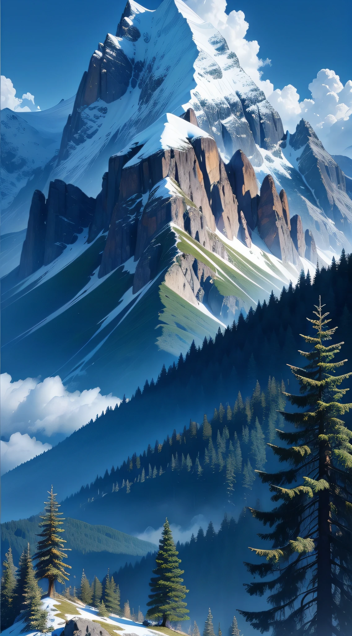 High mountains, mountain tops, lush woods, deep blue blue sky, rich and accurate details, mobile wallpapers, HD details