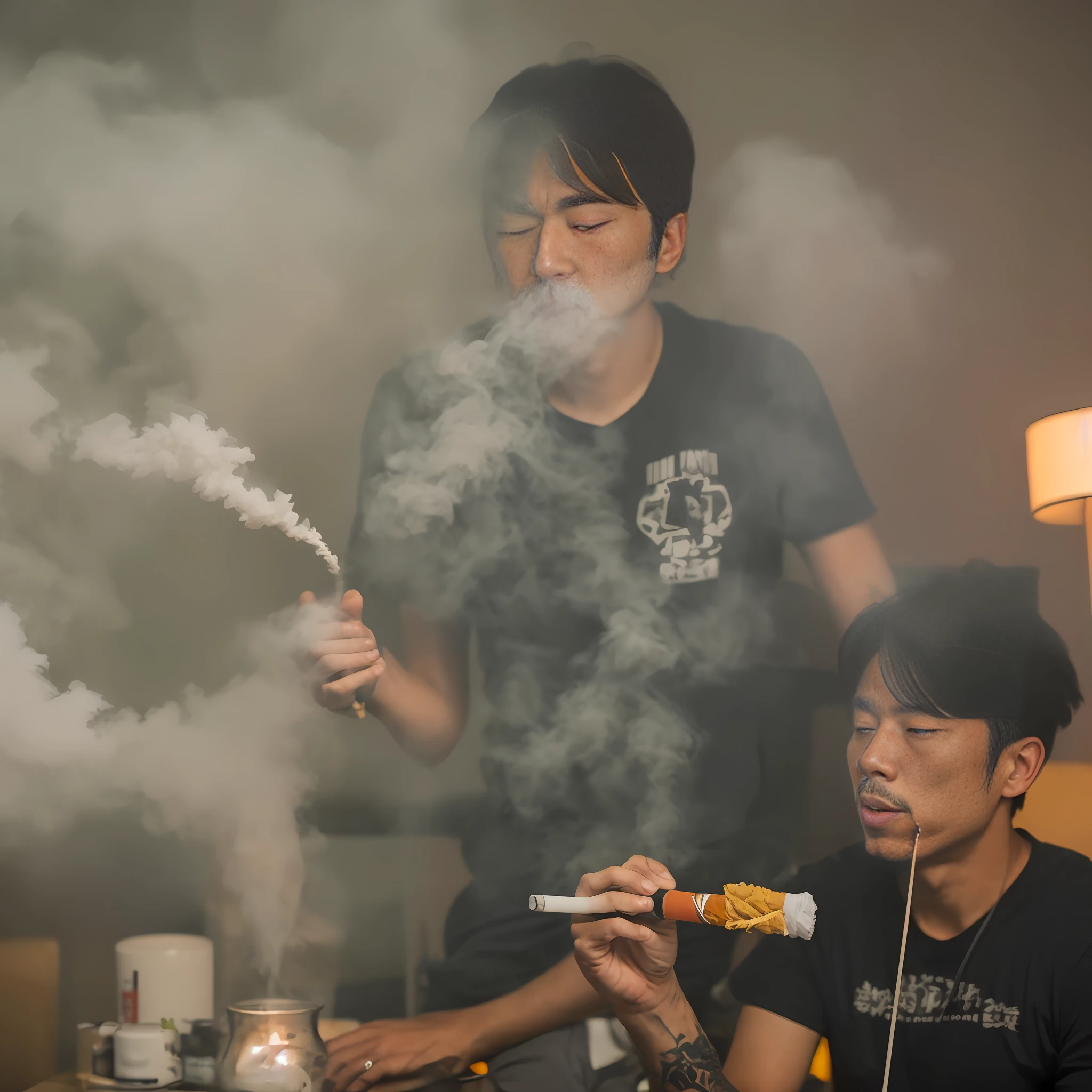 One man blowing cannabis in the room, a large amount of smoke comes out of his mouth, holding a cigarette in his hand, Japan man, sitting, zooming