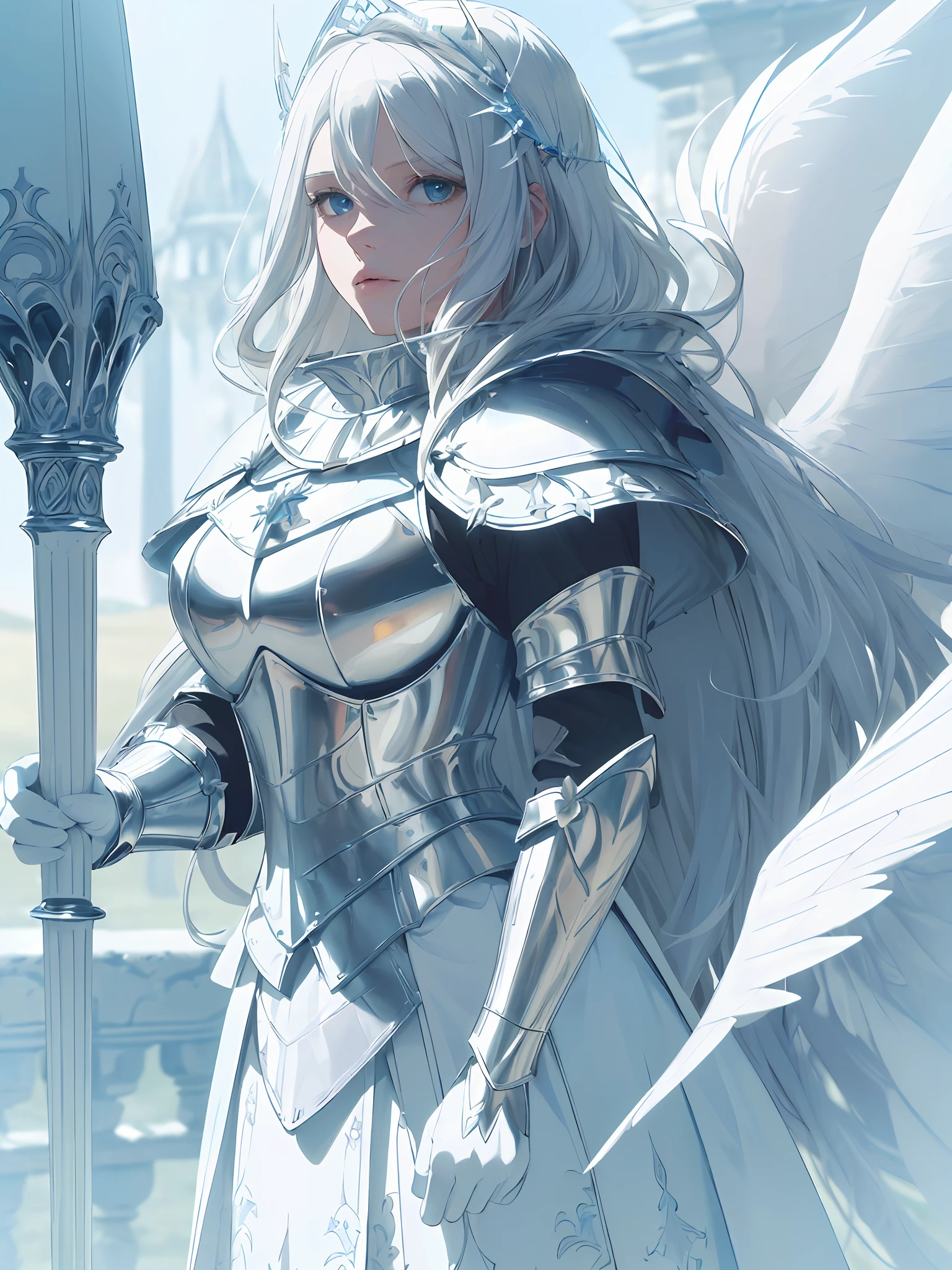 (((Masterpiece, Best Quality, High Definition, High Detail)))), ((Fantasy)))), (1 Female Knight)), Big, (Long Silver Blonde Hair), (Blue Eyes), (Fine and Large White Wings)), (White Cloak)), White Angel Circlet, White Plate Armor, White Gauntlet, White Glebe, (((White Long Pike)), (( White kite shield))