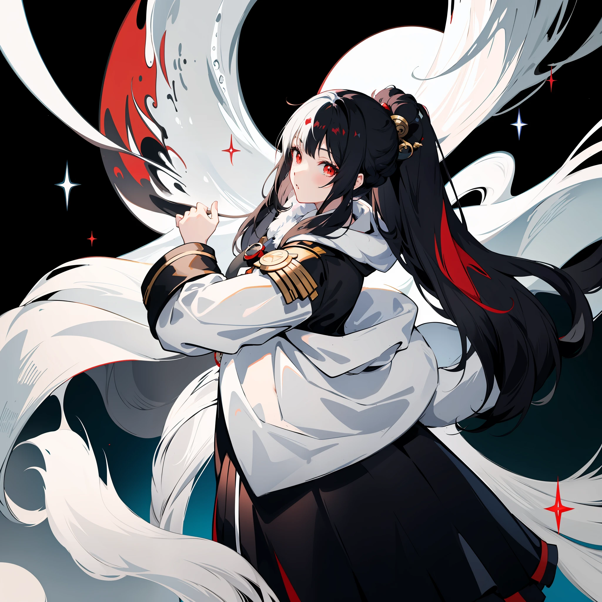 Only 1 anime female with long black hair and red eyes wearing a white coat, onmyoji portrait, azur lane style, beautiful anime female, anime moe artstyle, cute anime, attractive, anime 21yo Female, black and white hair style, holding a blackhole