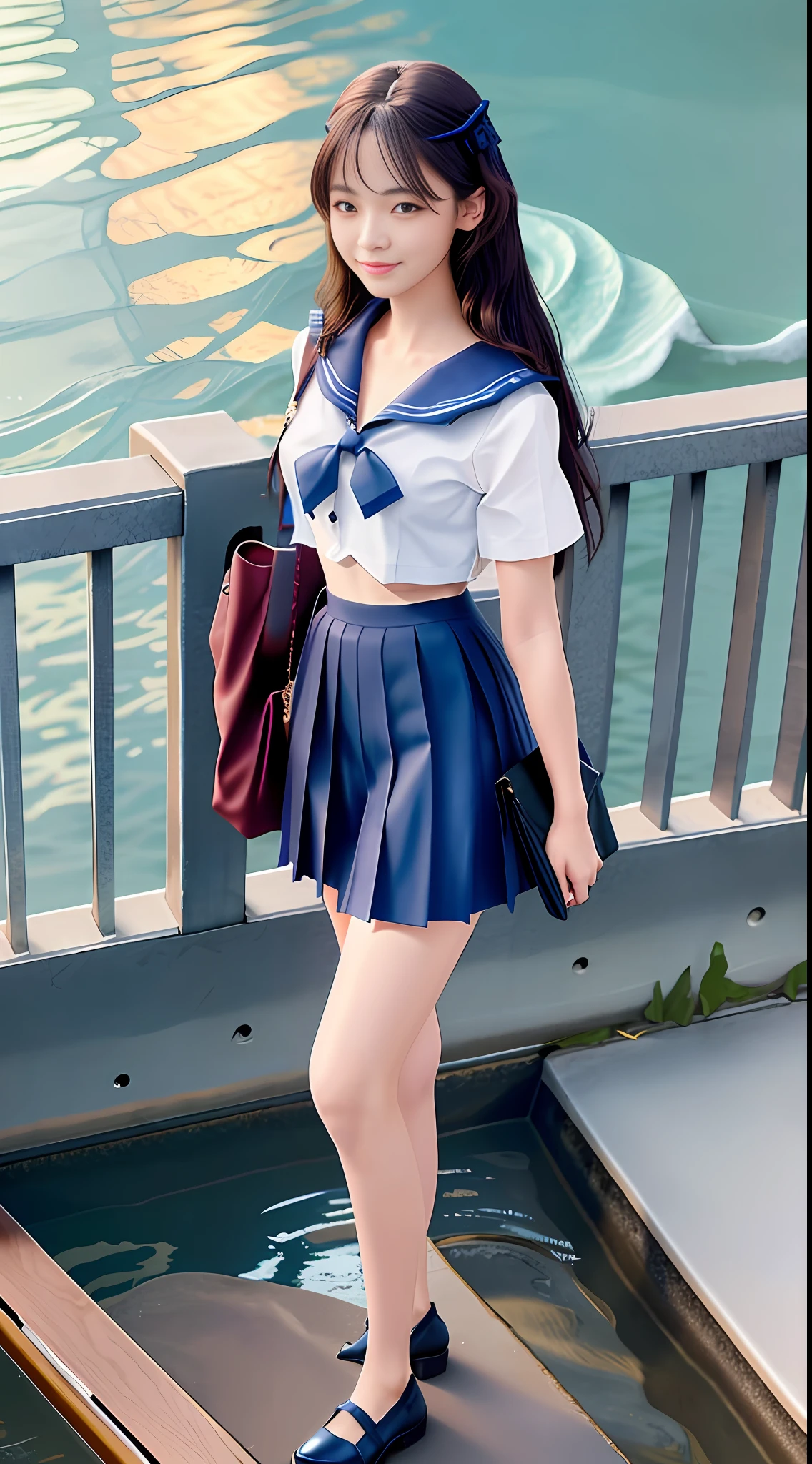 (Best Quality, 8k, 32k, Masterpiece, UHD: 1.3), Cute Japan Woman Pictures, 1 Girl, (Beautiful: 1.2), Abs, Perfect Body, Super Detailed Face, Detailed Lips, Detailed Eyes, Double Eyelids, ((Wearing a Sailor Suit, Navy Blue Skirt)), Smile, 17 years old, High School Student, Slim Figure, Constricted Waist