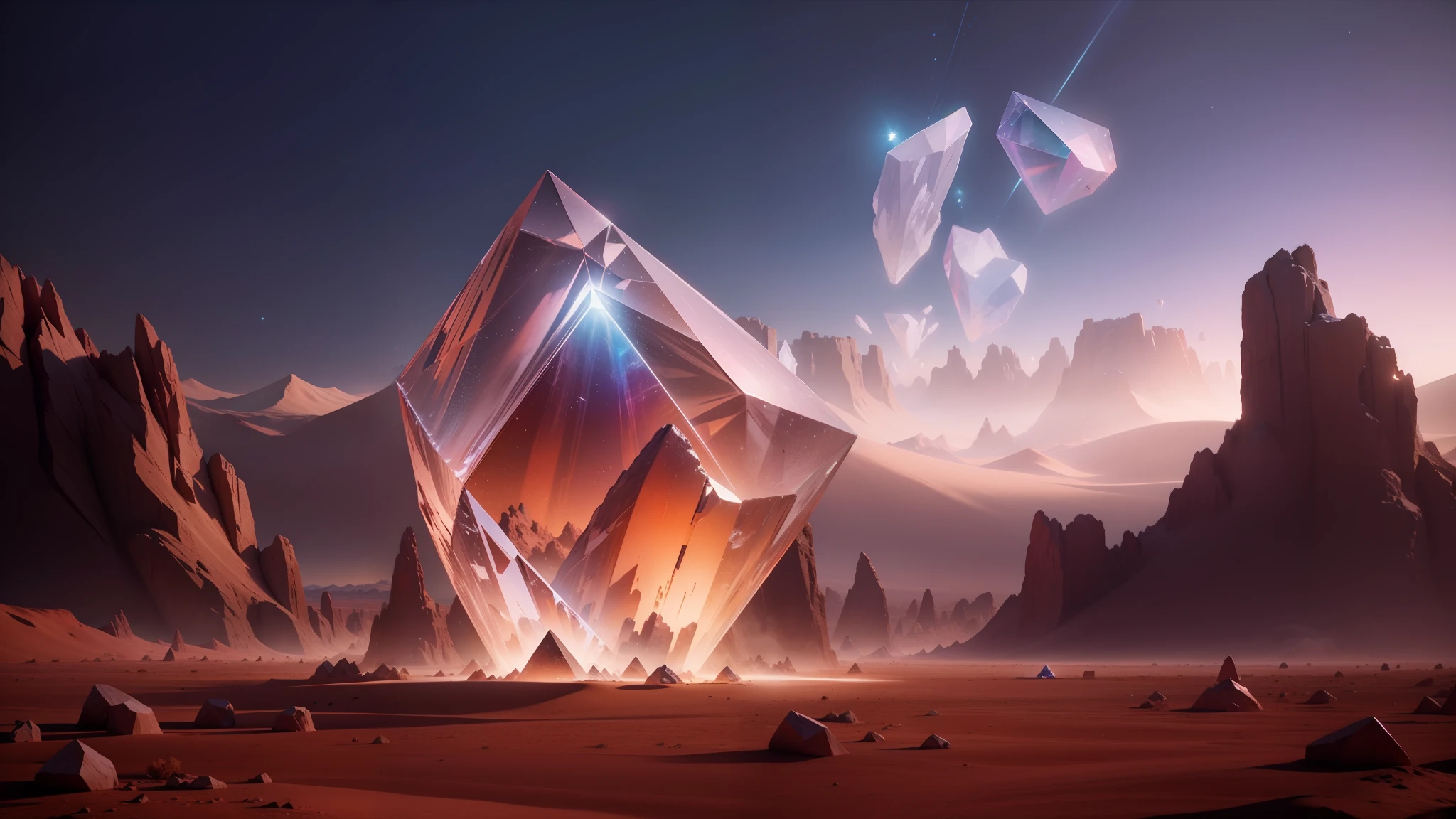 there is a large crystal in the middle of a desert, behance 3d, cinematic screen, diamond prisms, by Shang Xi, aftereffects, by Raymond Teague Cowern, key frame, by Mathieu Le Nain, by William Berra, by Galen Dara, anamorphic