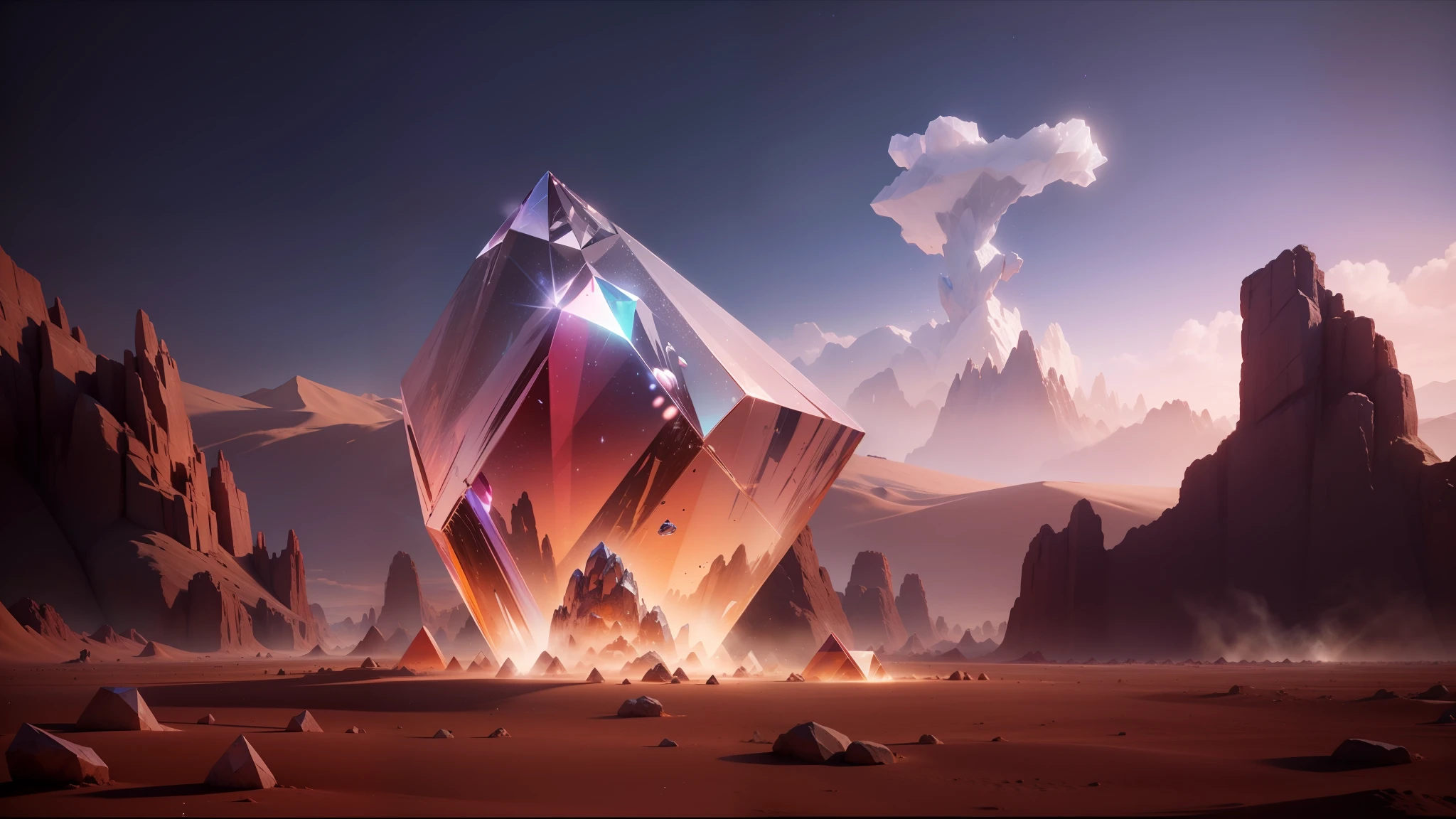 there is a large crystal in the middle of a desert, behance 3d, cinematic screen, diamond prisms, by Shang Xi, aftereffects, by Raymond Teague Cowern, key frame, by Mathieu Le Nain, by William Berra, by Galen Dara, anamorphic